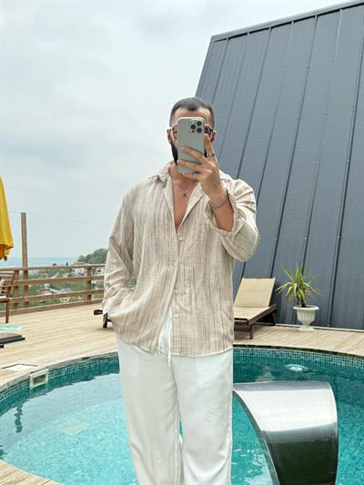 Yıkamalı Oversize Keten Gömlek Krem