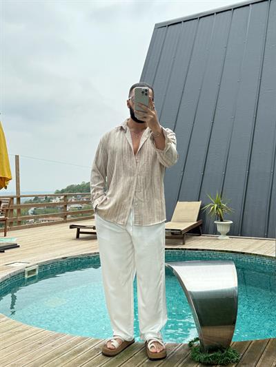 Yıkamalı Oversize Keten Gömlek Krem