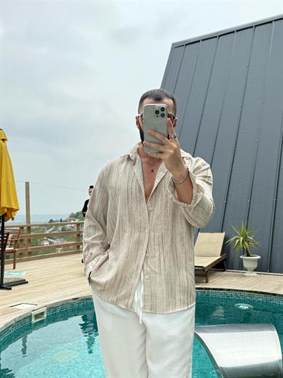 Yıkamalı Oversize Keten Gömlek Krem