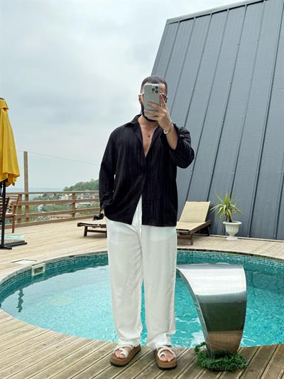 Yıkamalı Oversize Keten Gömlek Siyah