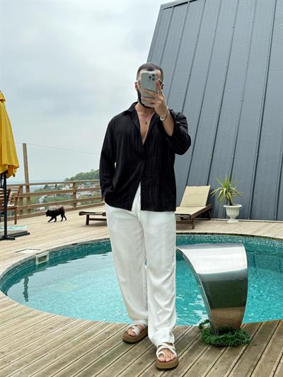 Yıkamalı Oversize Keten Gömlek Siyah