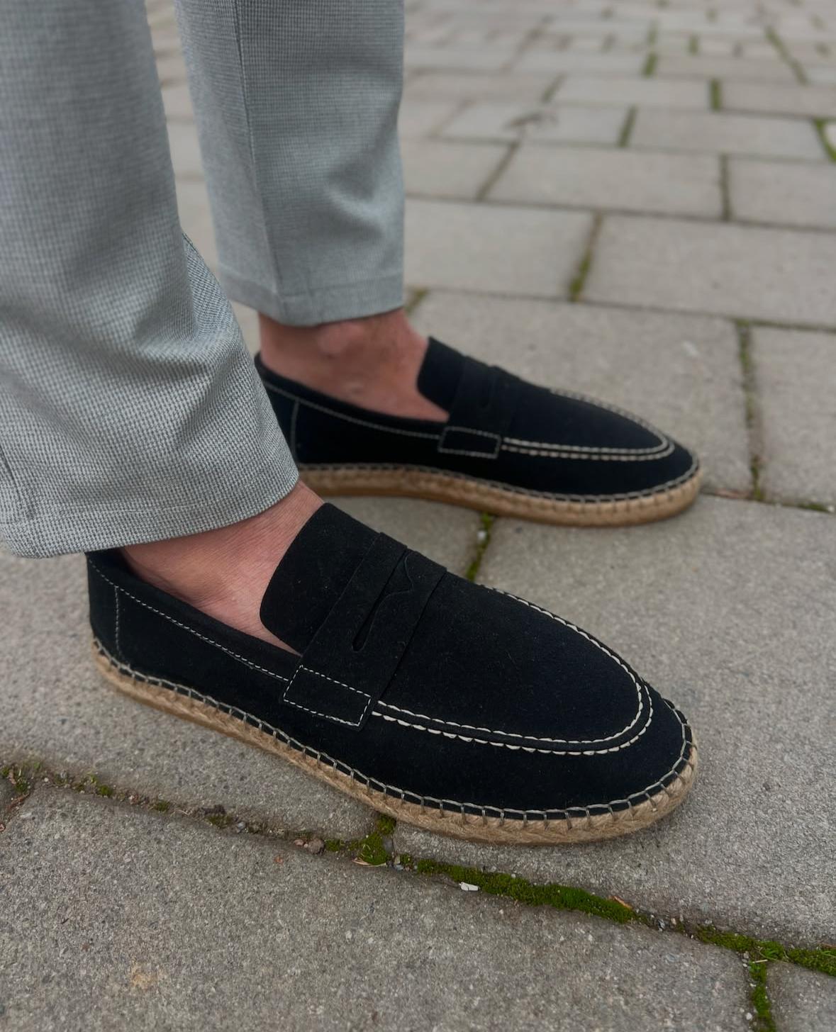 %100 İç Dış Deri Espadrilles Ayakkabı Siyah