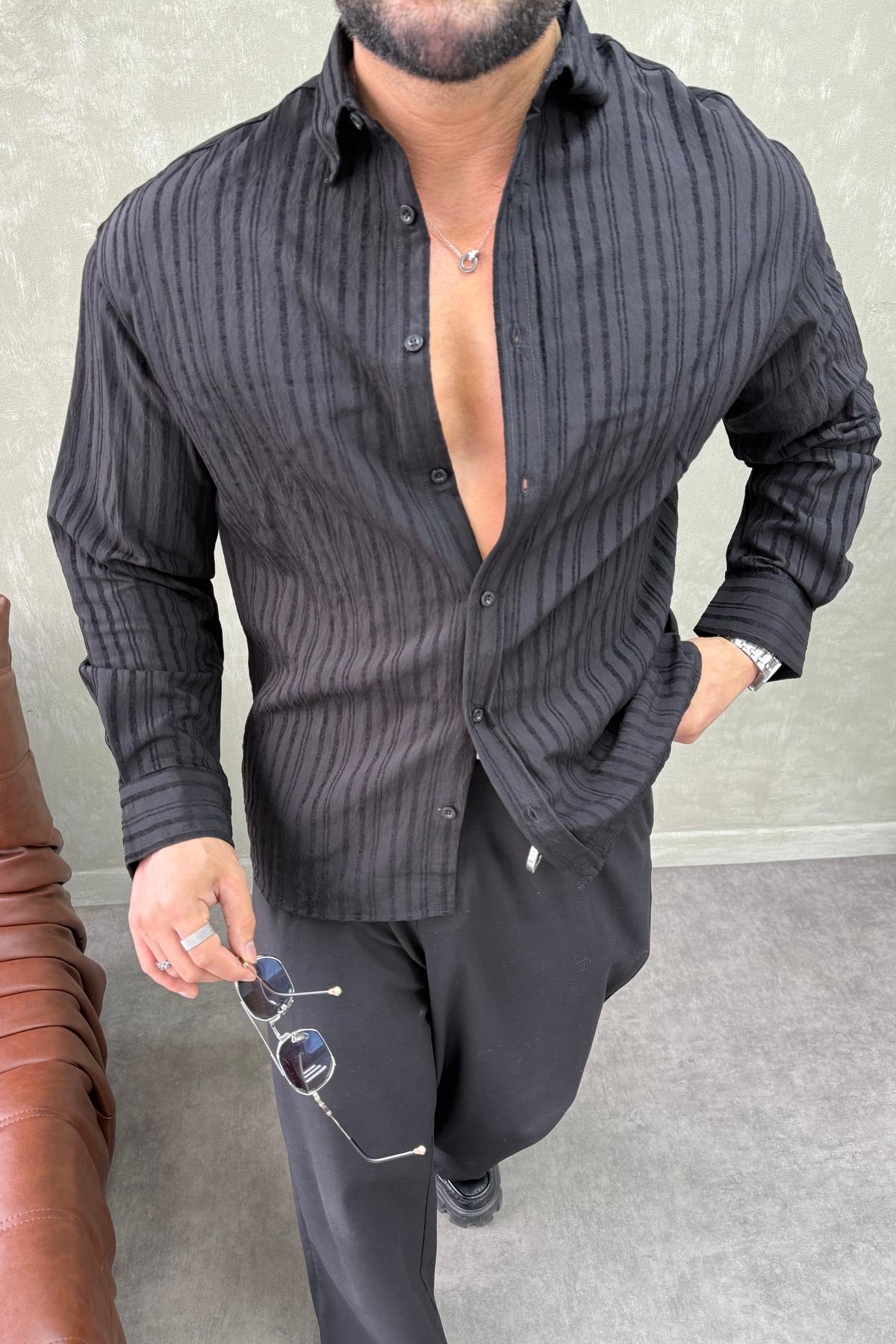 ARMUR ÇİZGİLİ OVERSİZE GÖMLEK SİYAH