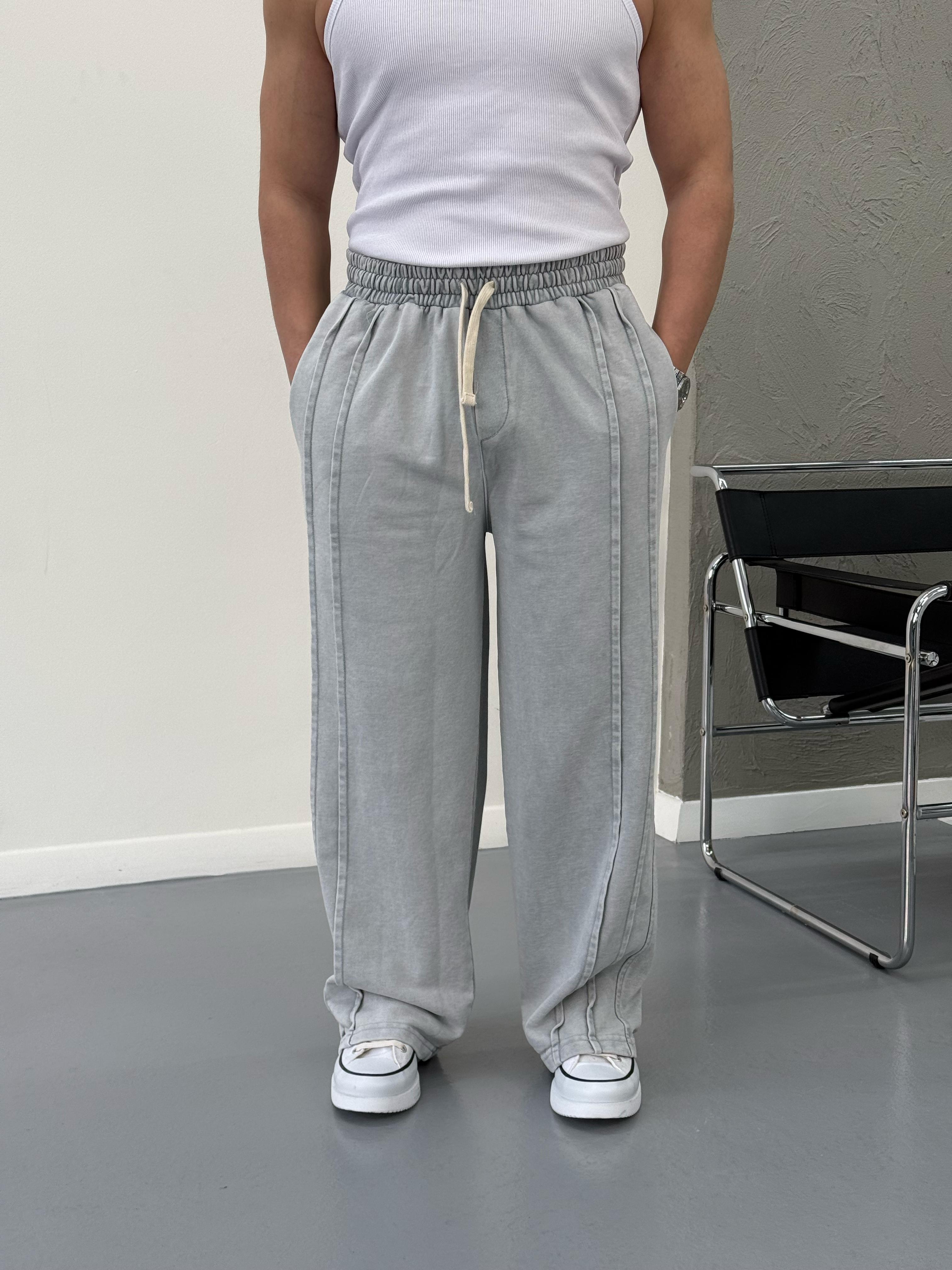 Baggy Çift Şerit Detaylı Eşofman Gri