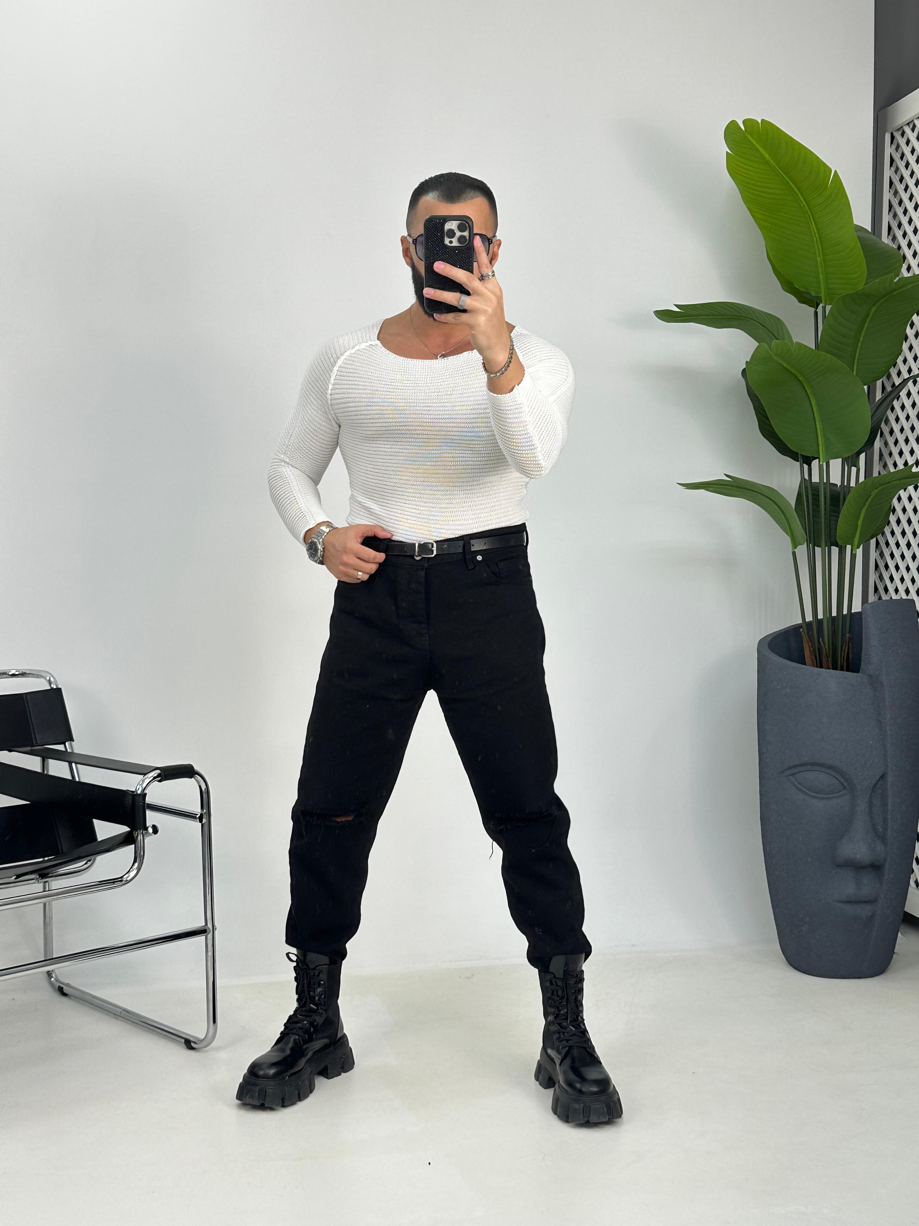 Beyaz Slimfit Örme Kazak