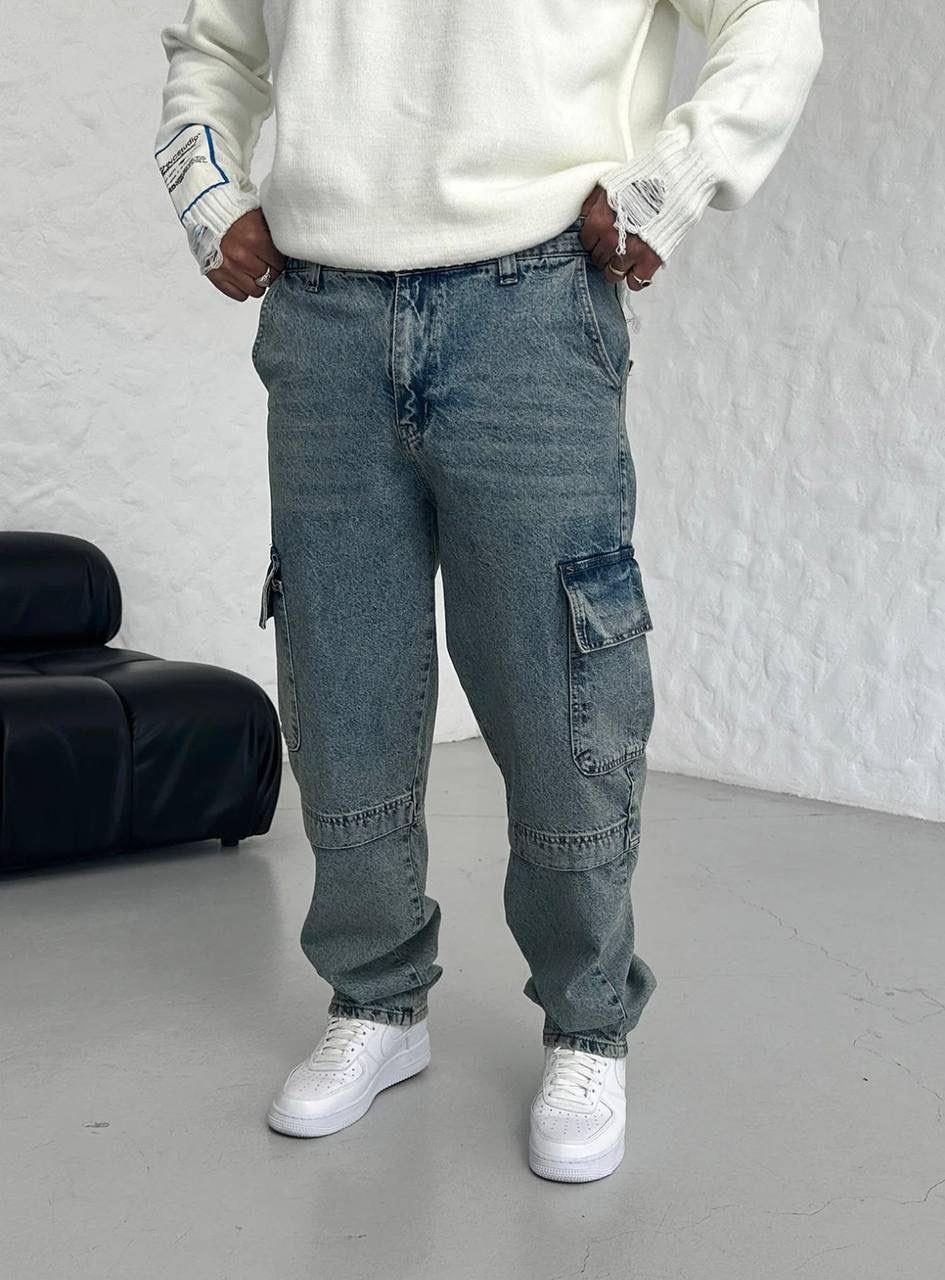 Buz Mavisi Baggy Kargo Cep Jeans