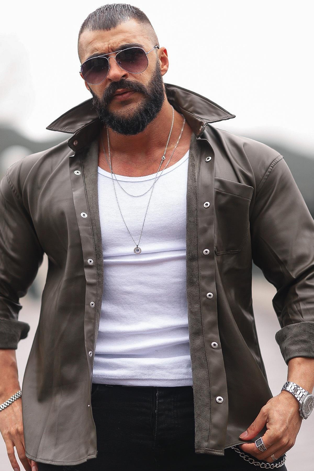 DERİ OVERSİZE GÖMLEK KOYU YEŞİL