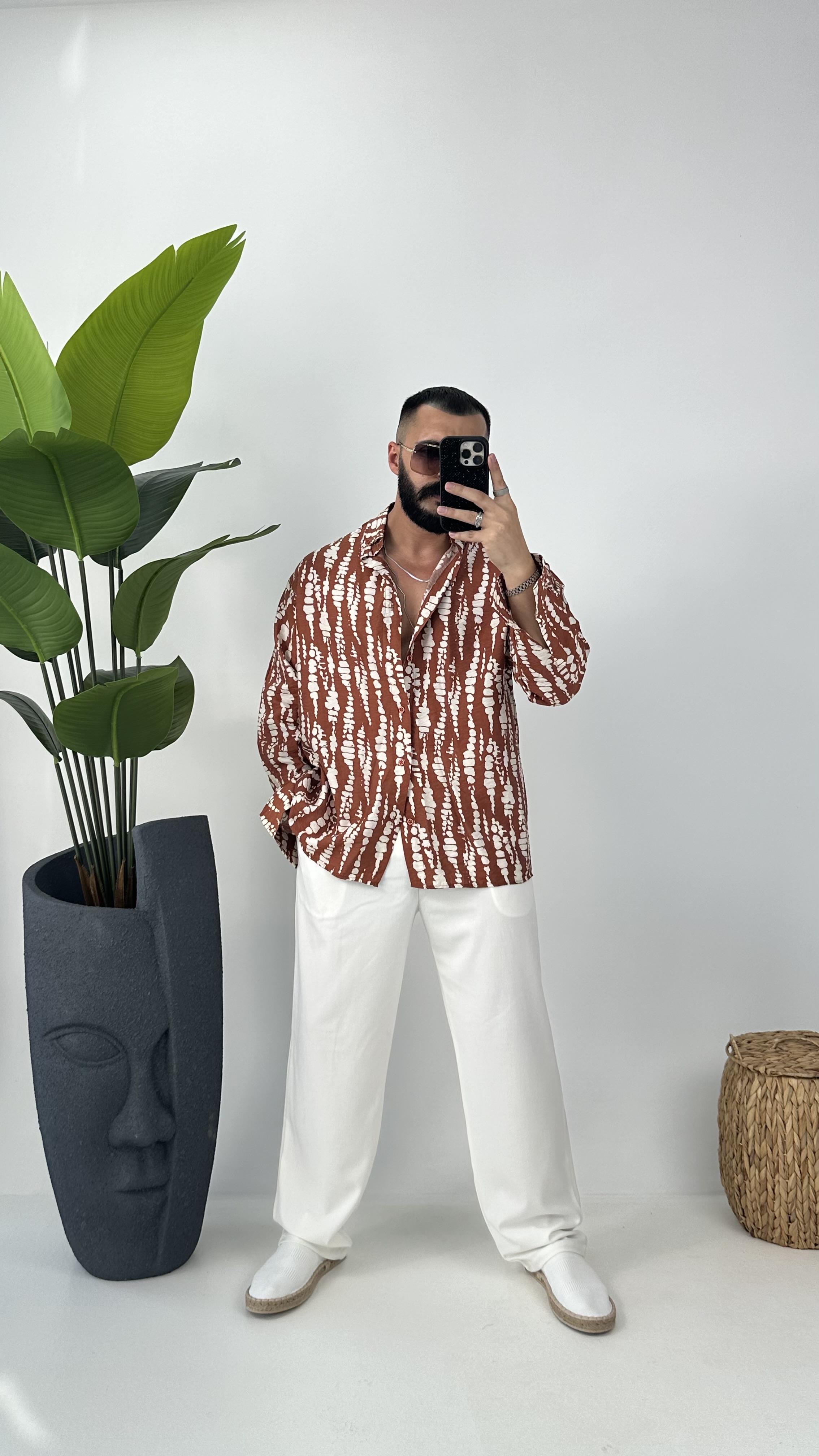 etnik desenli oversize  gömlek hardal