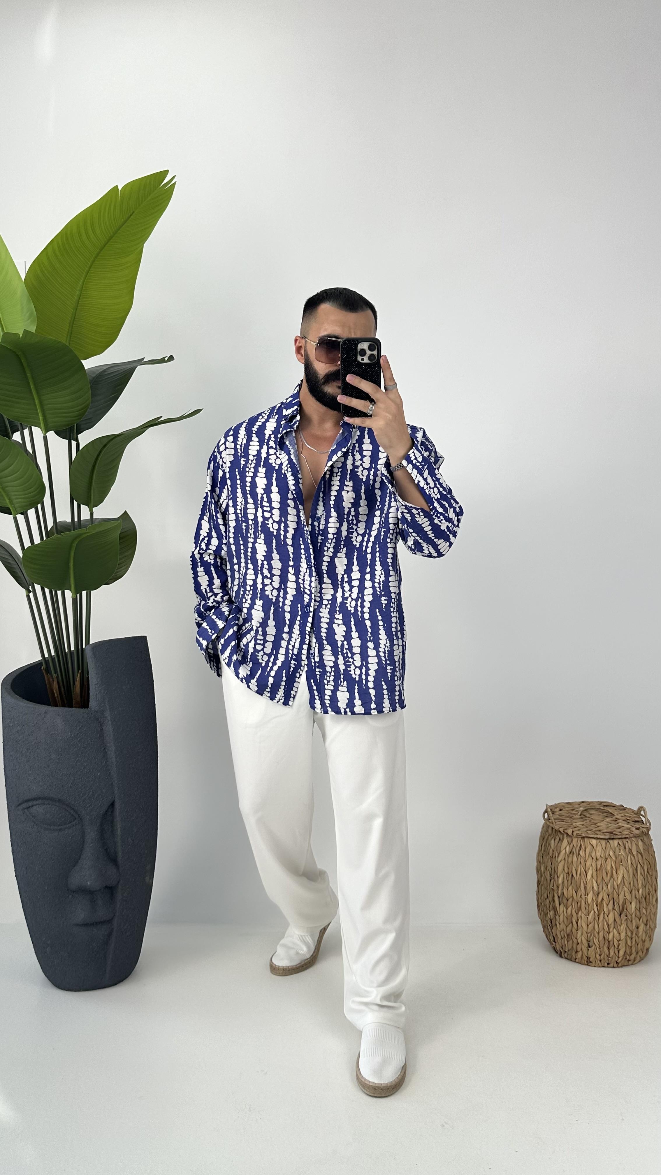 etnik desenli oversize  gömlek mavi