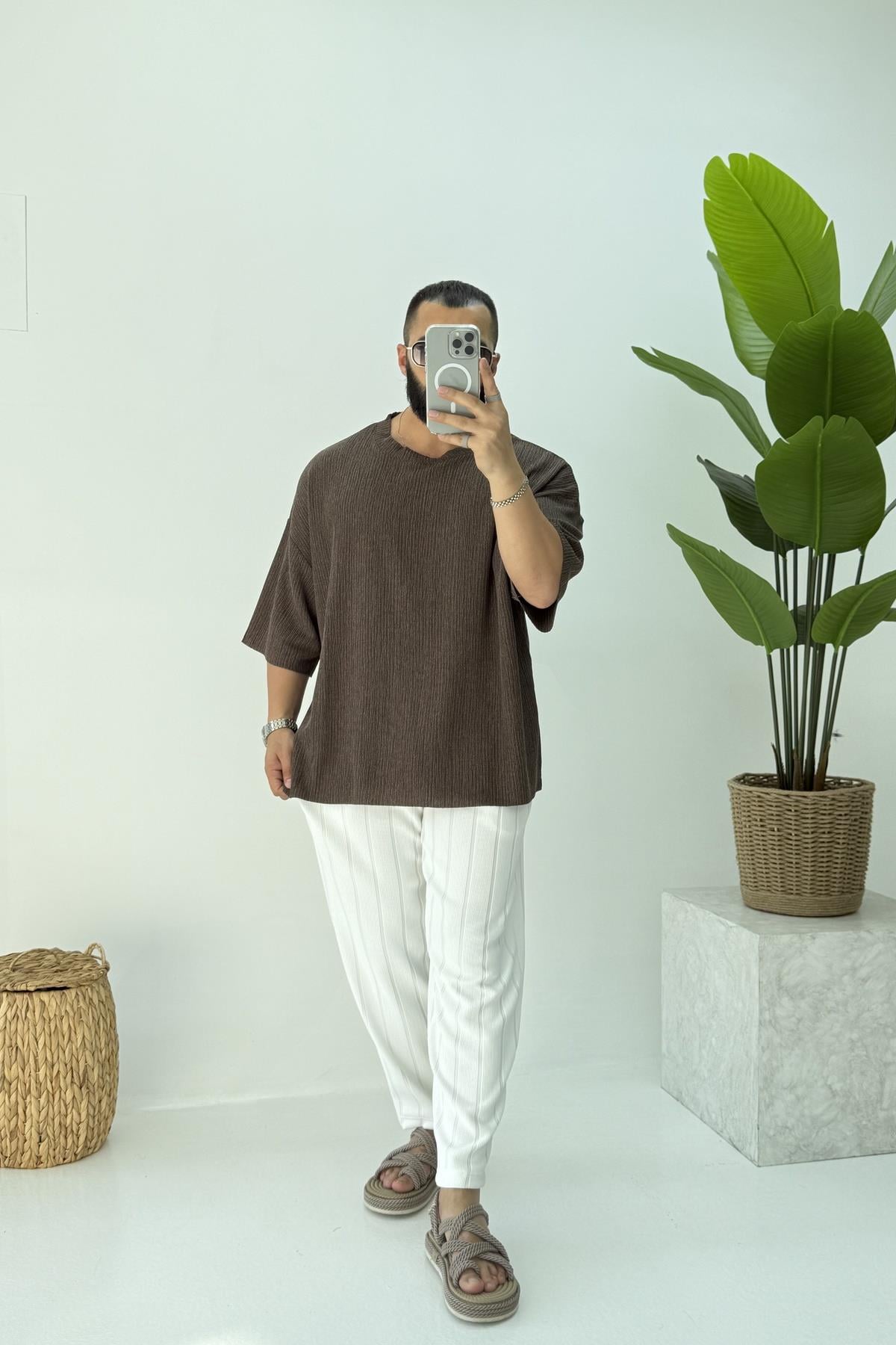 FAKİR KOL OVERSİZE KIRINKIL TSHİRT KAHVERENGİ