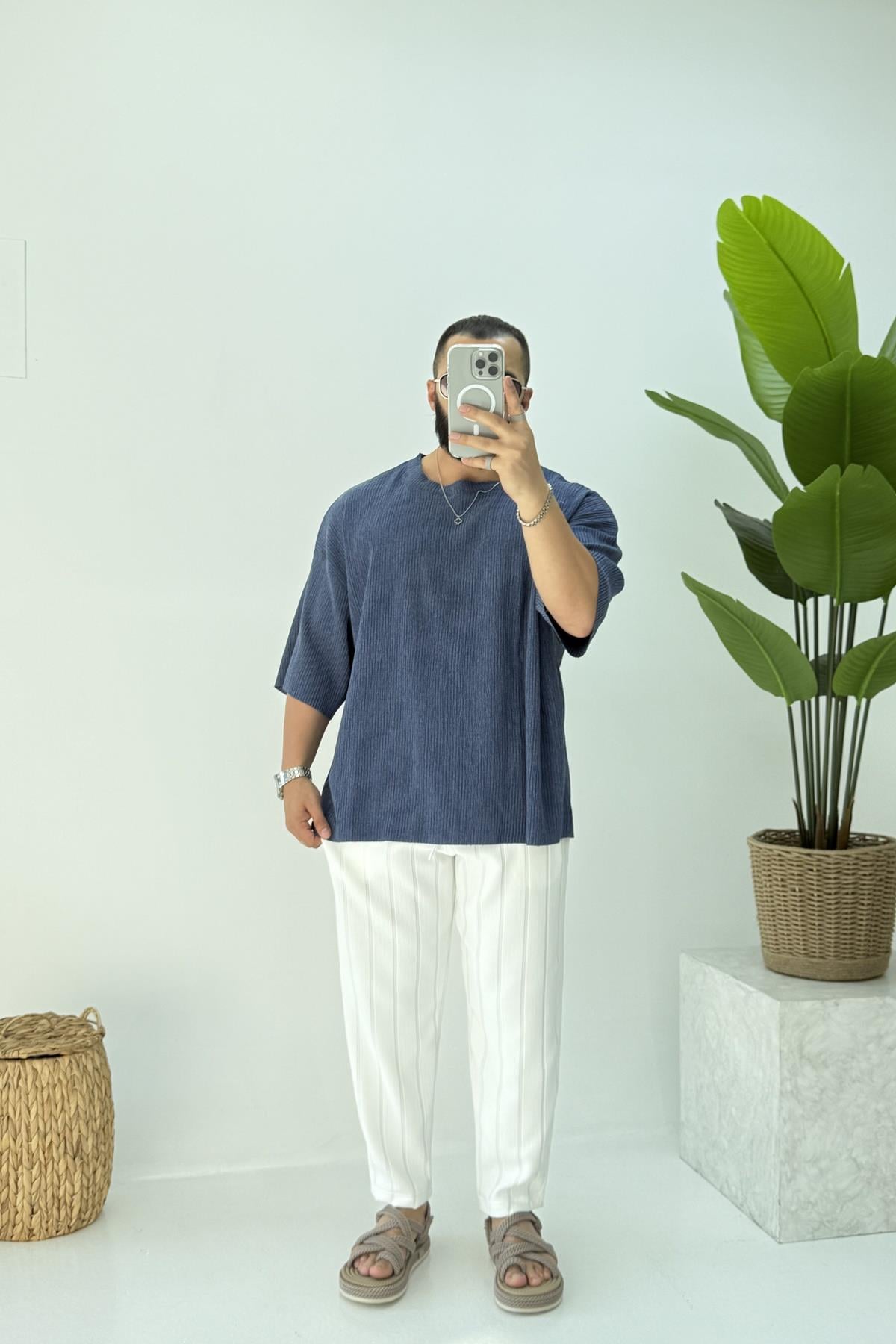 FAKİR KOL OVERSİZE KIRINKIL TSHİRT LACİVERT