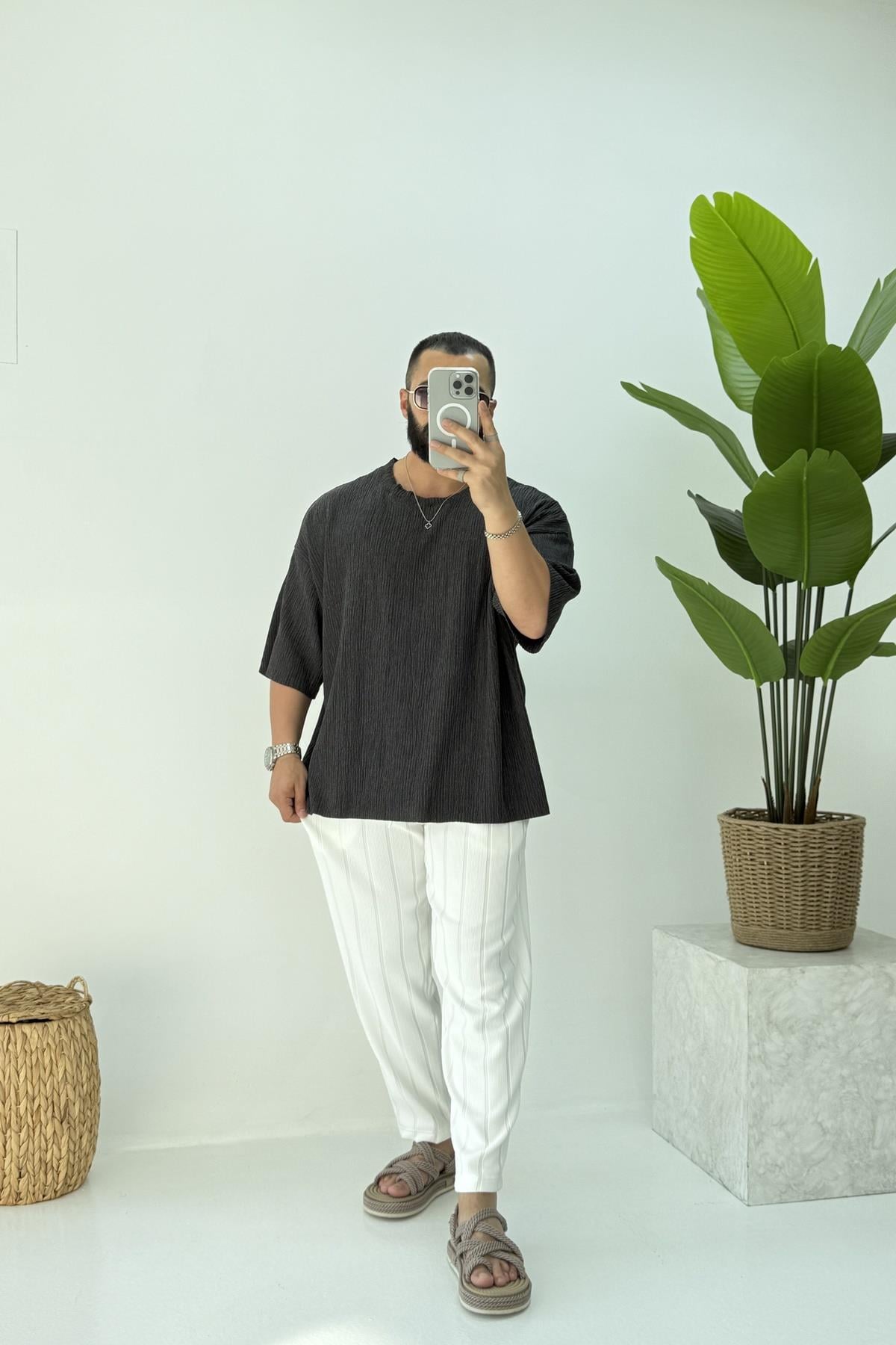 FAKİR KOL OVERSİZE KIRINKIL TSHİRT SİYAH