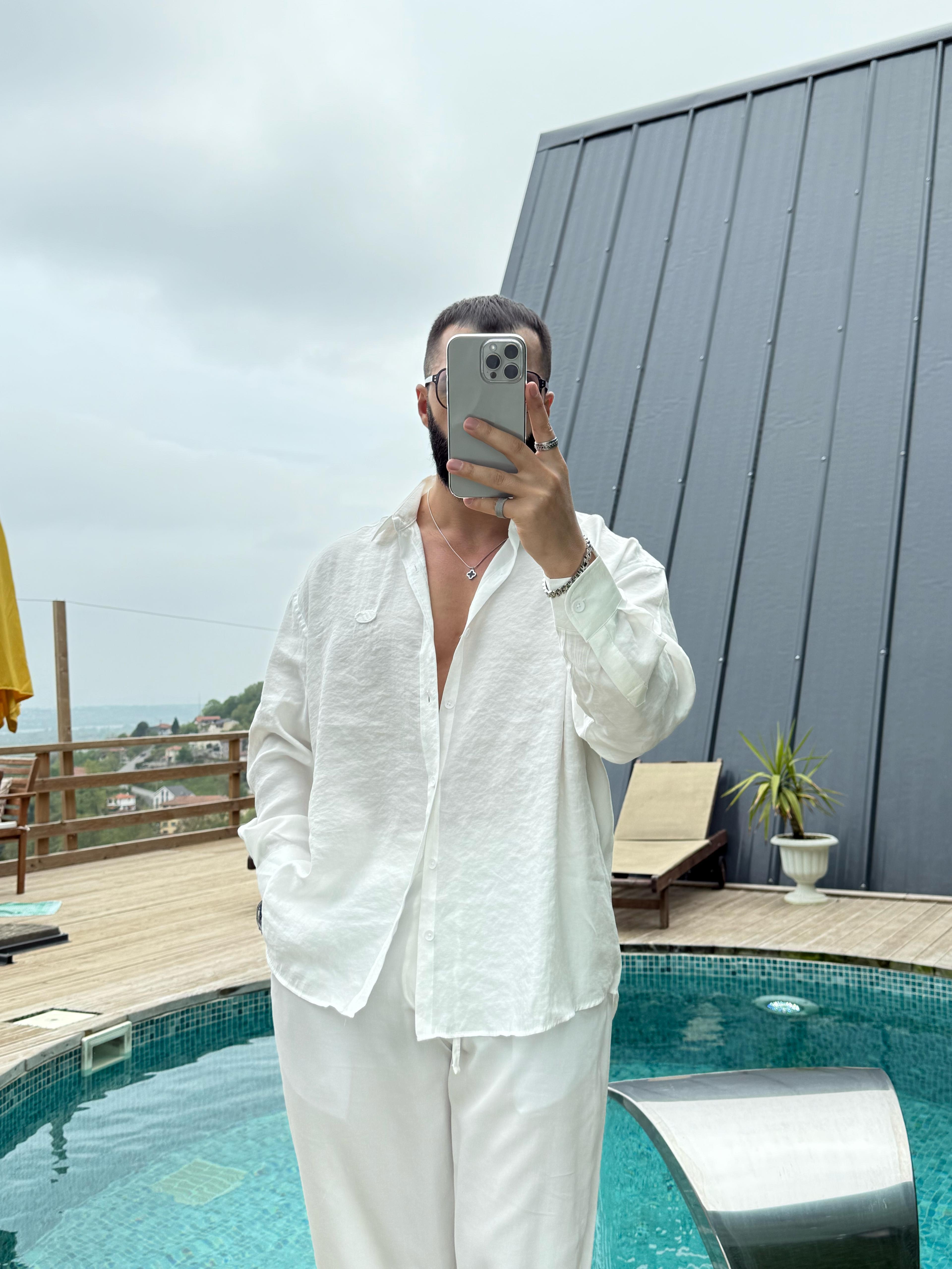 GG Nakışlı Modal Gömlek Beyaz