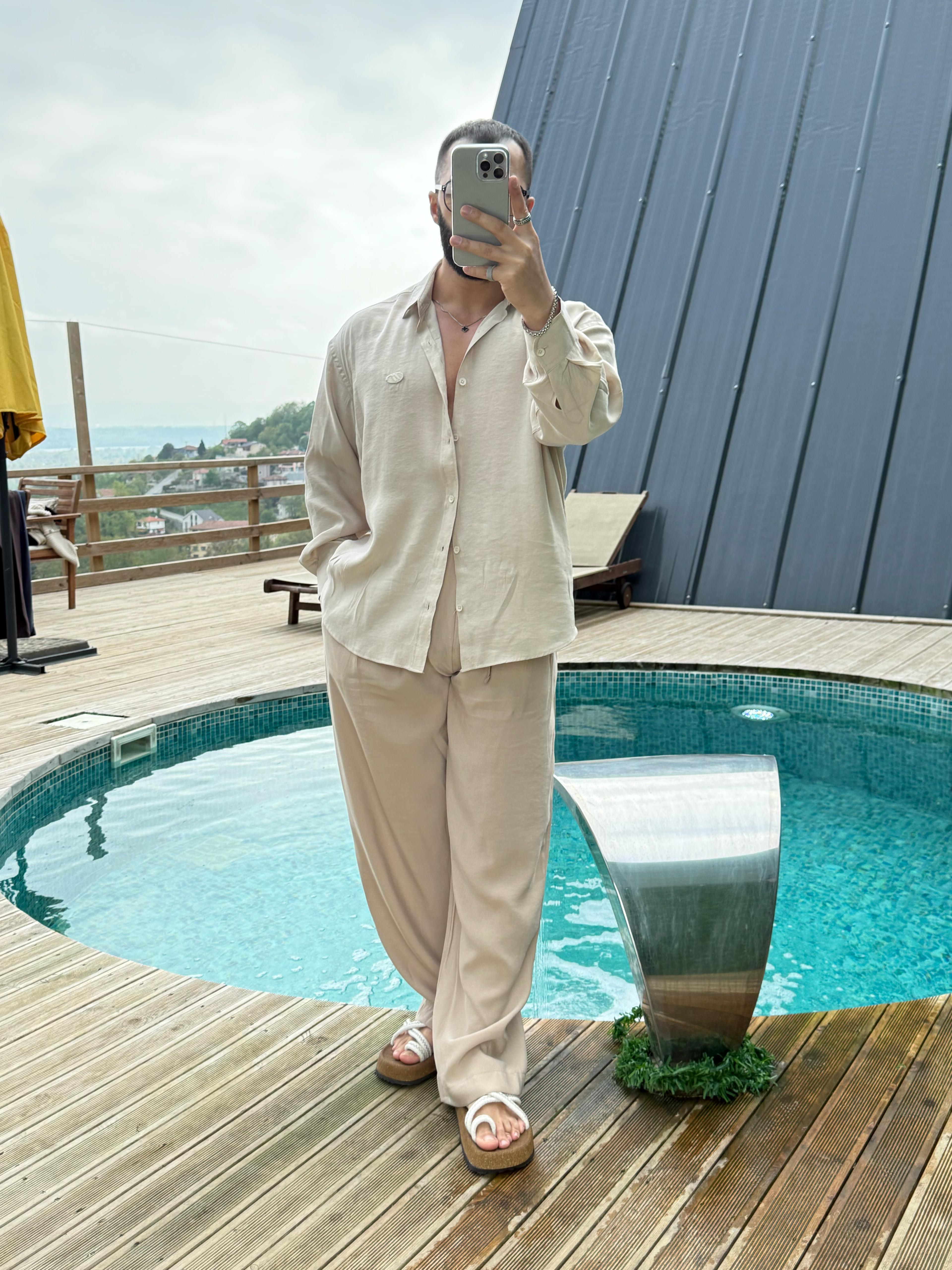 GG Nakışlı Modal Gömlek Krem