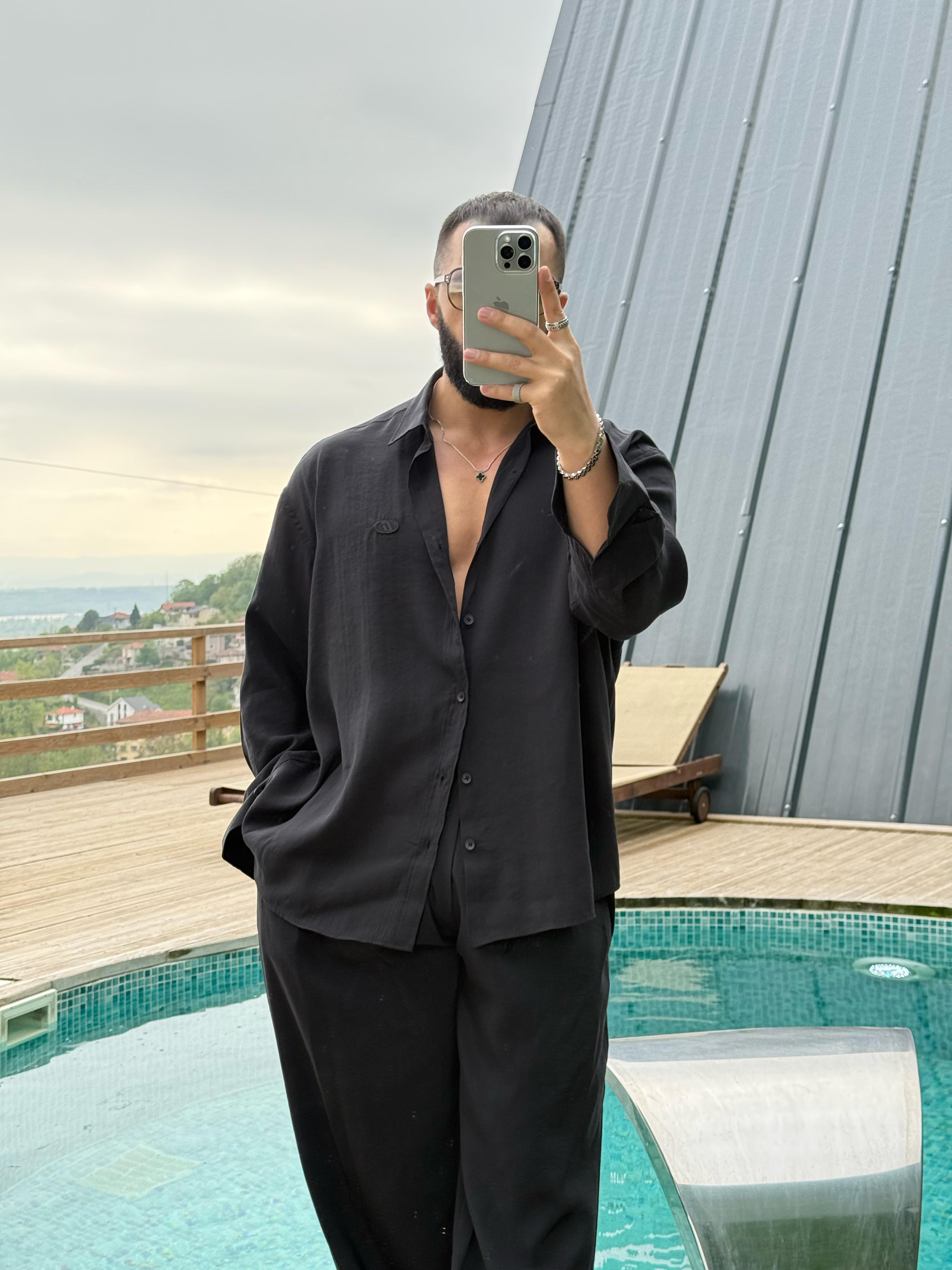 GG Nakışlı Modal Gömlek Siyah