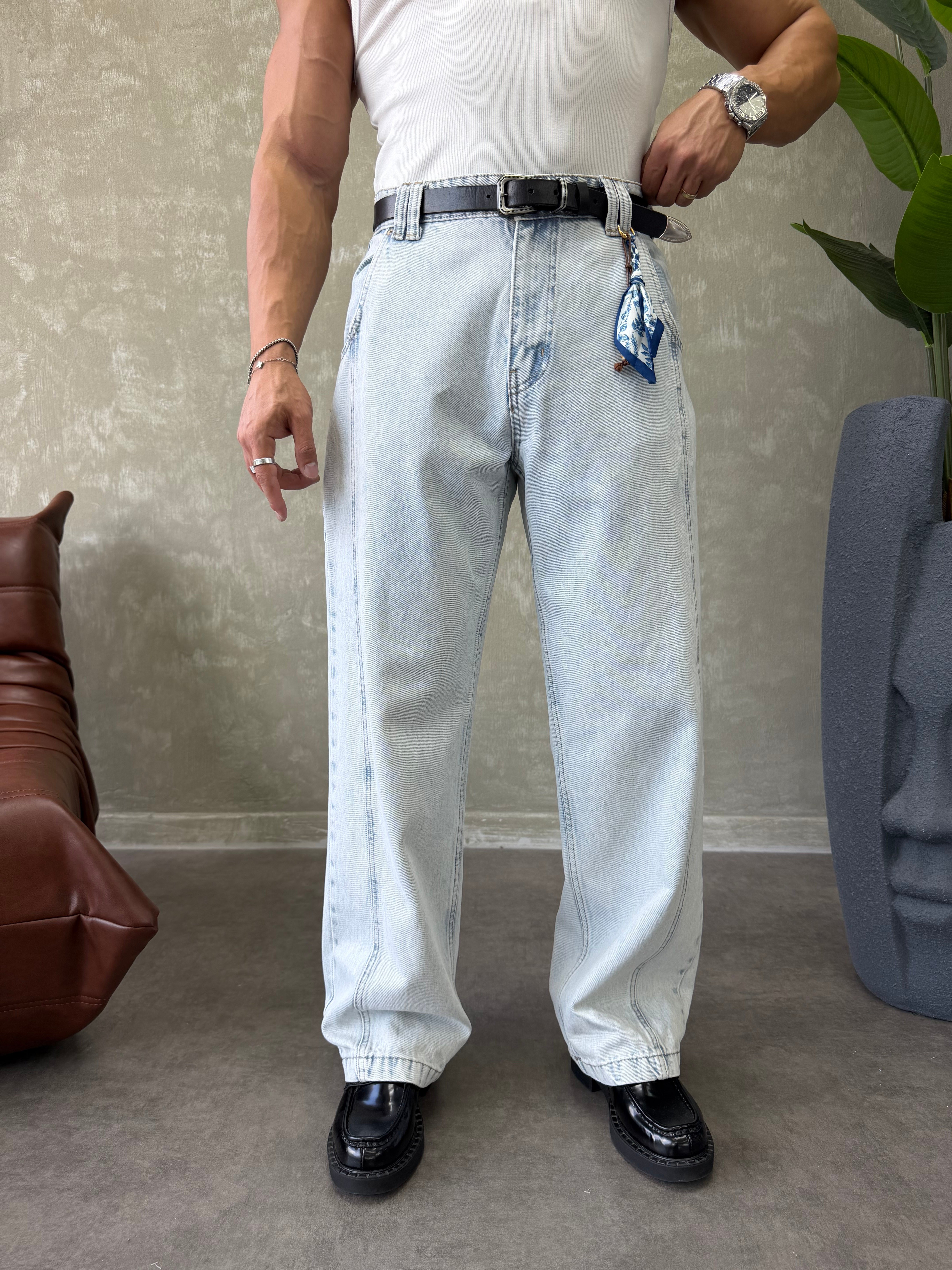 KONTRAST DİKİŞLİ TASARIM BAGGY JEAN BUZ MAVİSİ