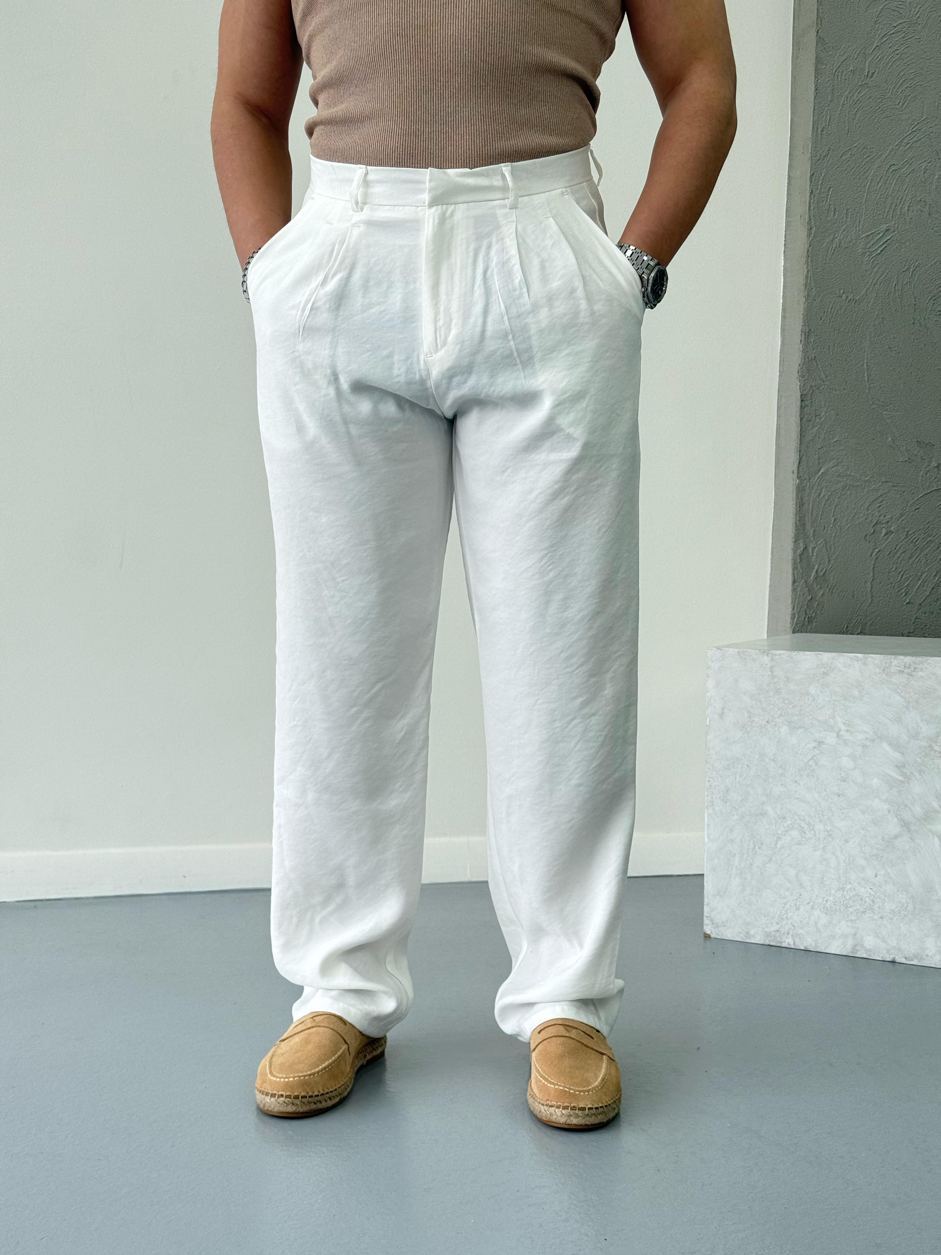 Modal Kumaş Baggy Pantolon Beyaz