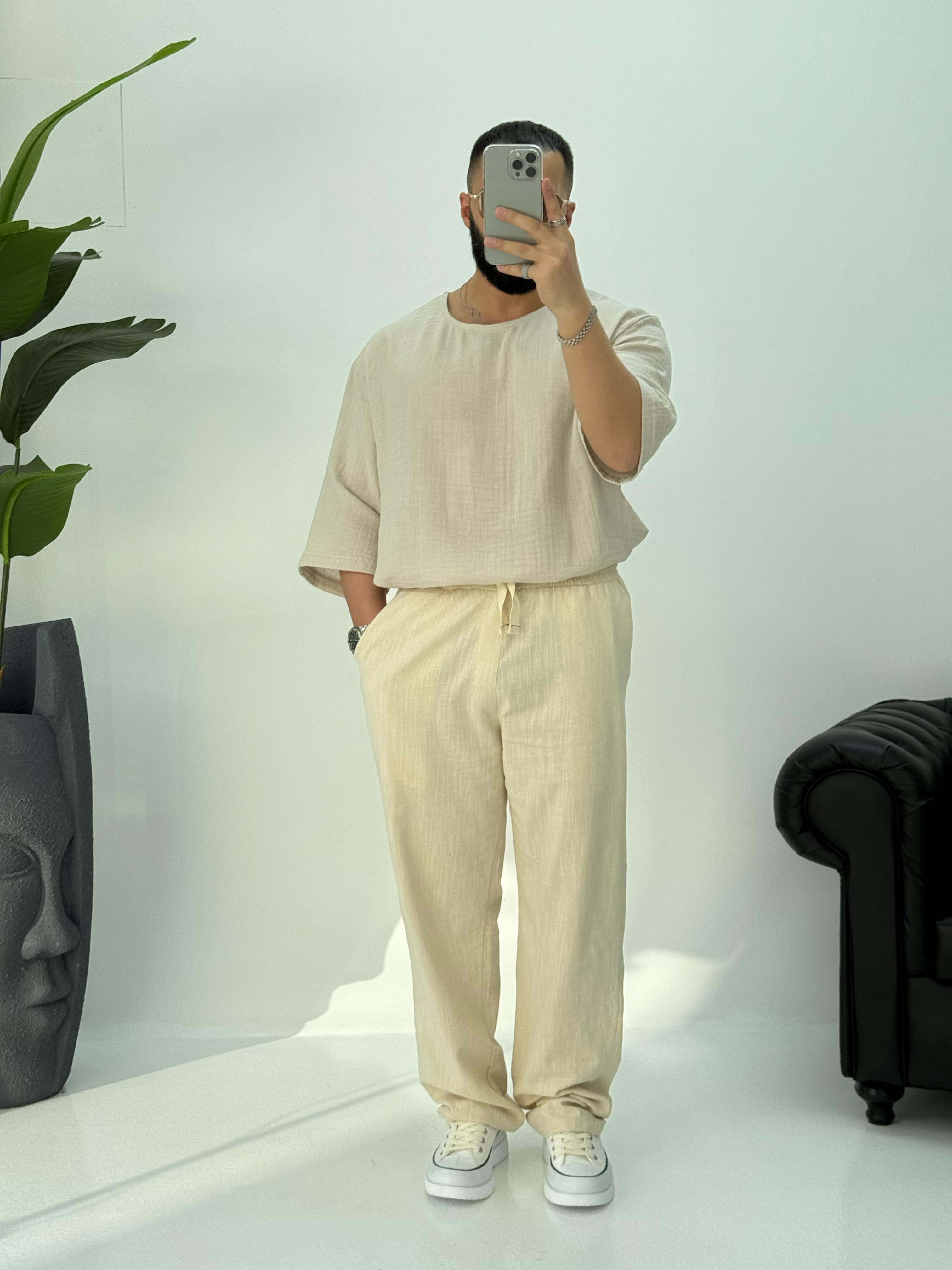 Müslin Kumaş Fakir Kol T-Shirt Krem