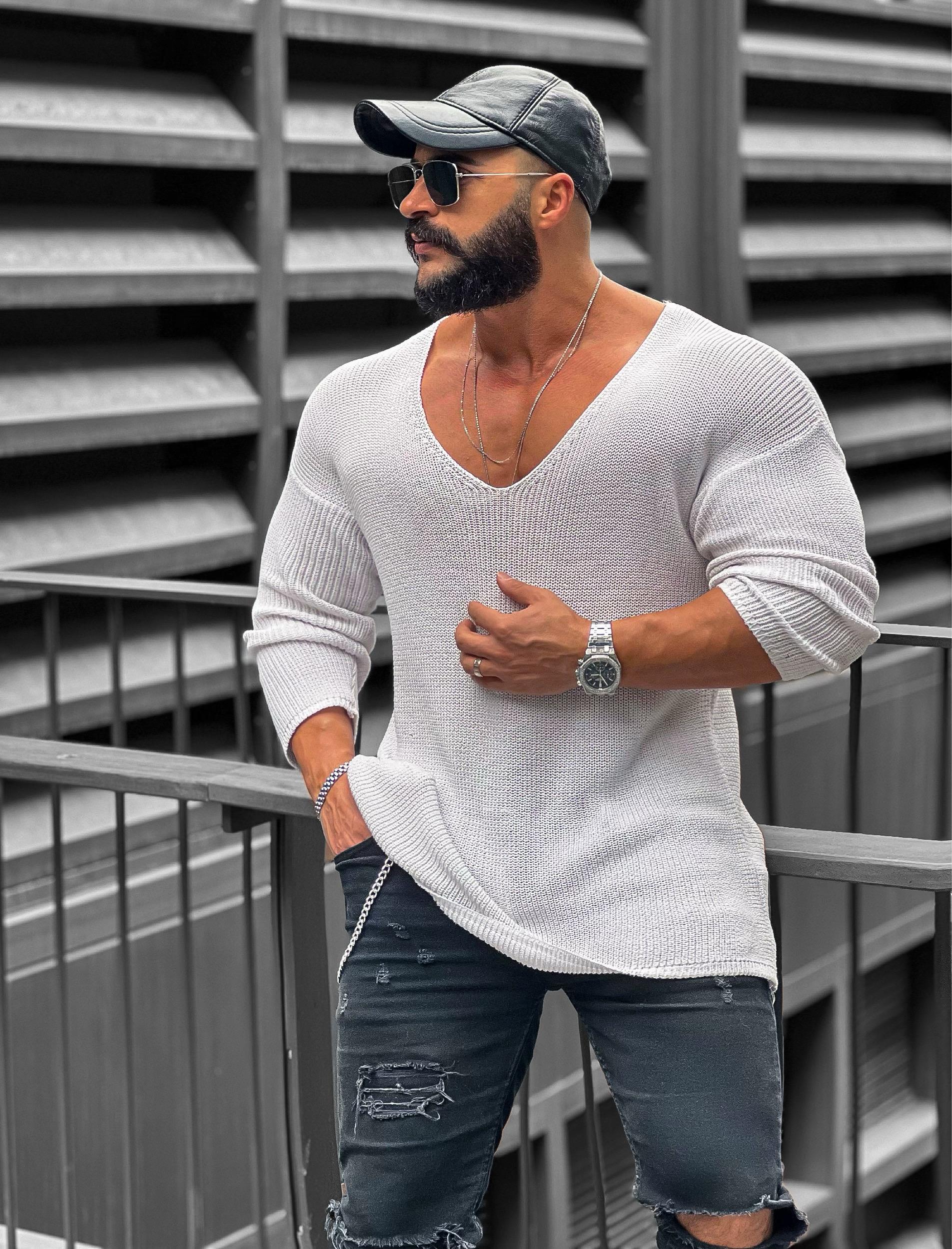 Oversize Açık Yaka Triko Beyaz