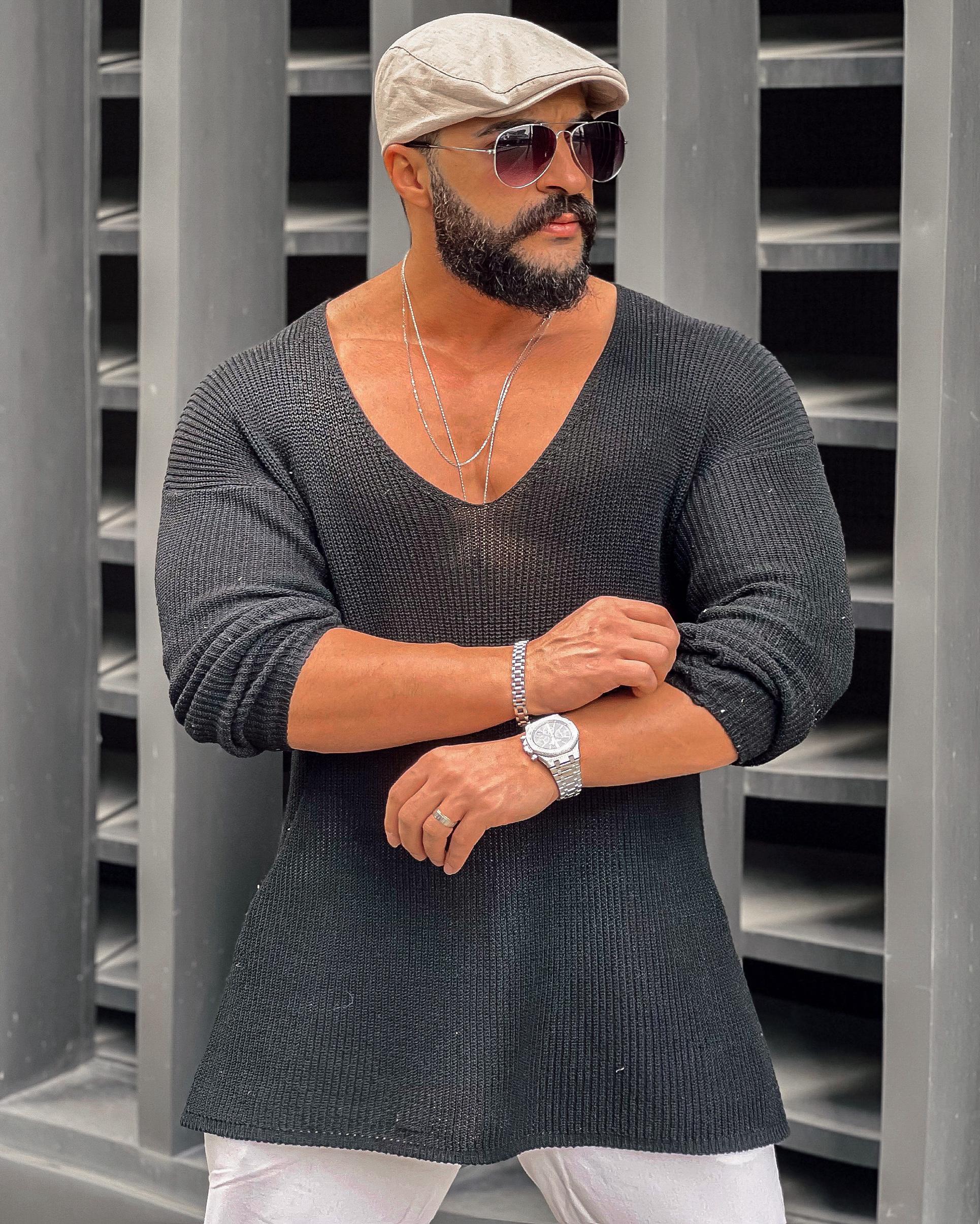 Oversize Açık Yaka Triko Siyah