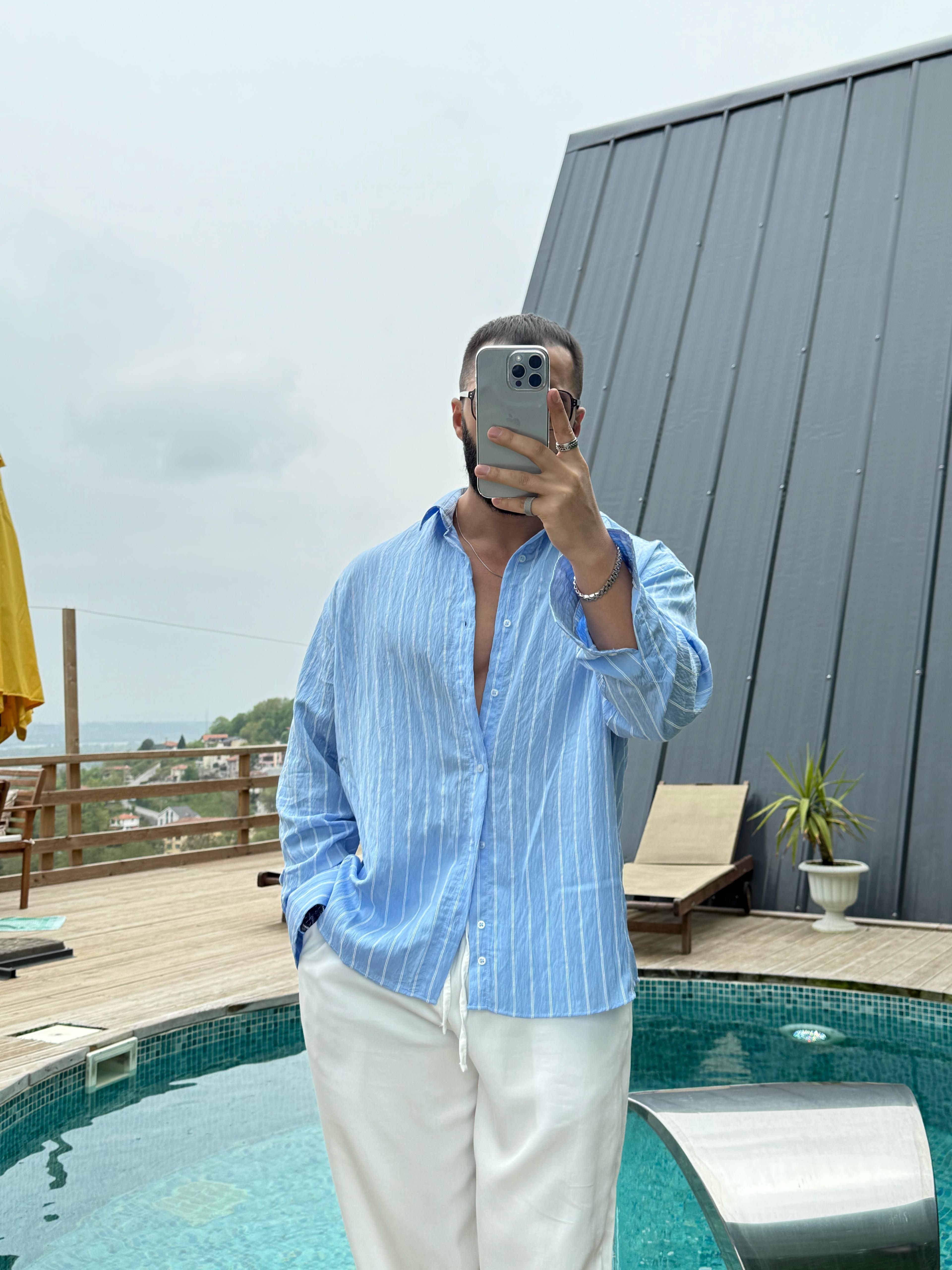 Oversize Armur İnce Çizgili Gömlek Bebe Mavisi