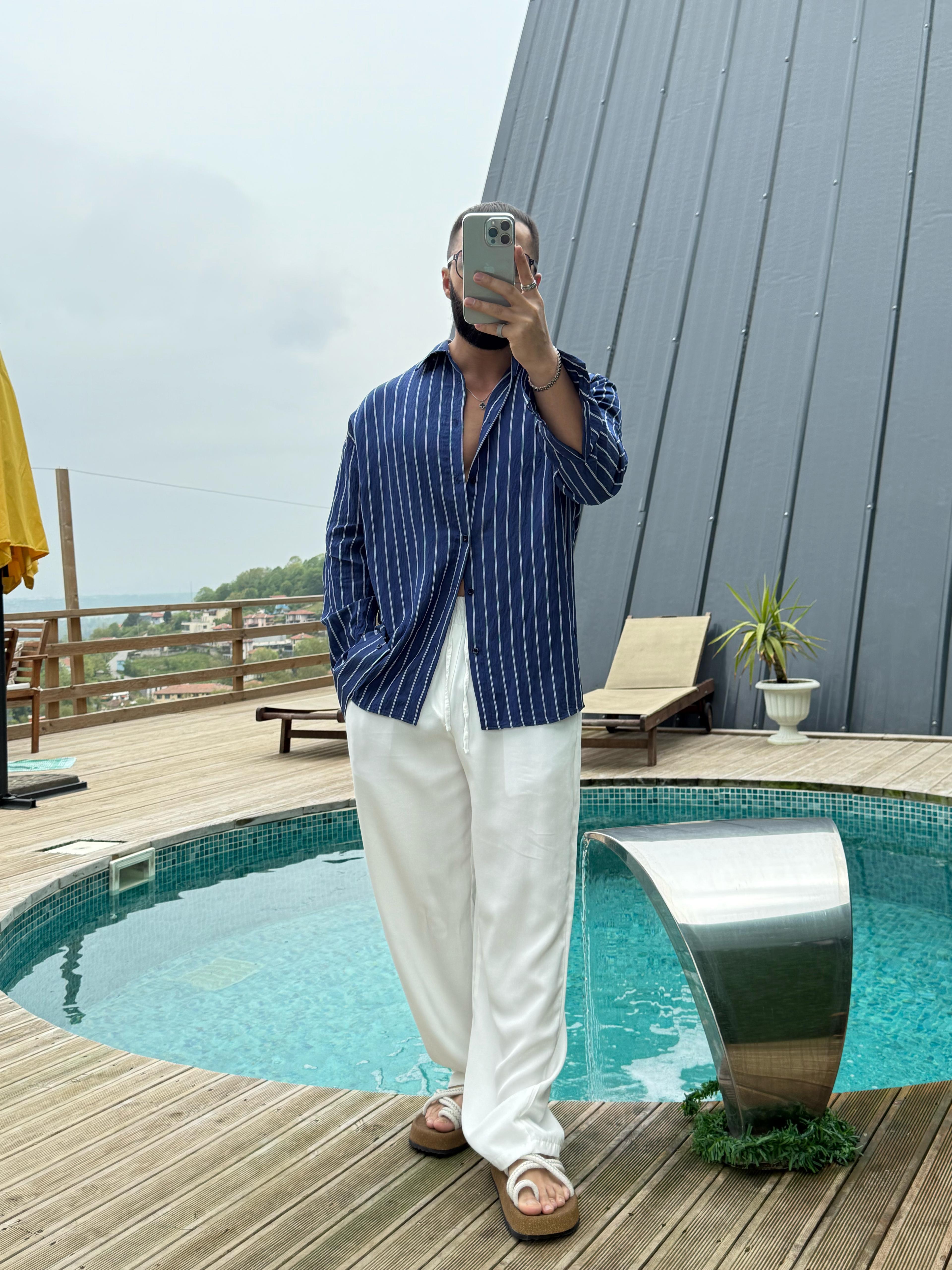 Oversize Armur İnce Çizgili Gömlek Koyu Lacivert