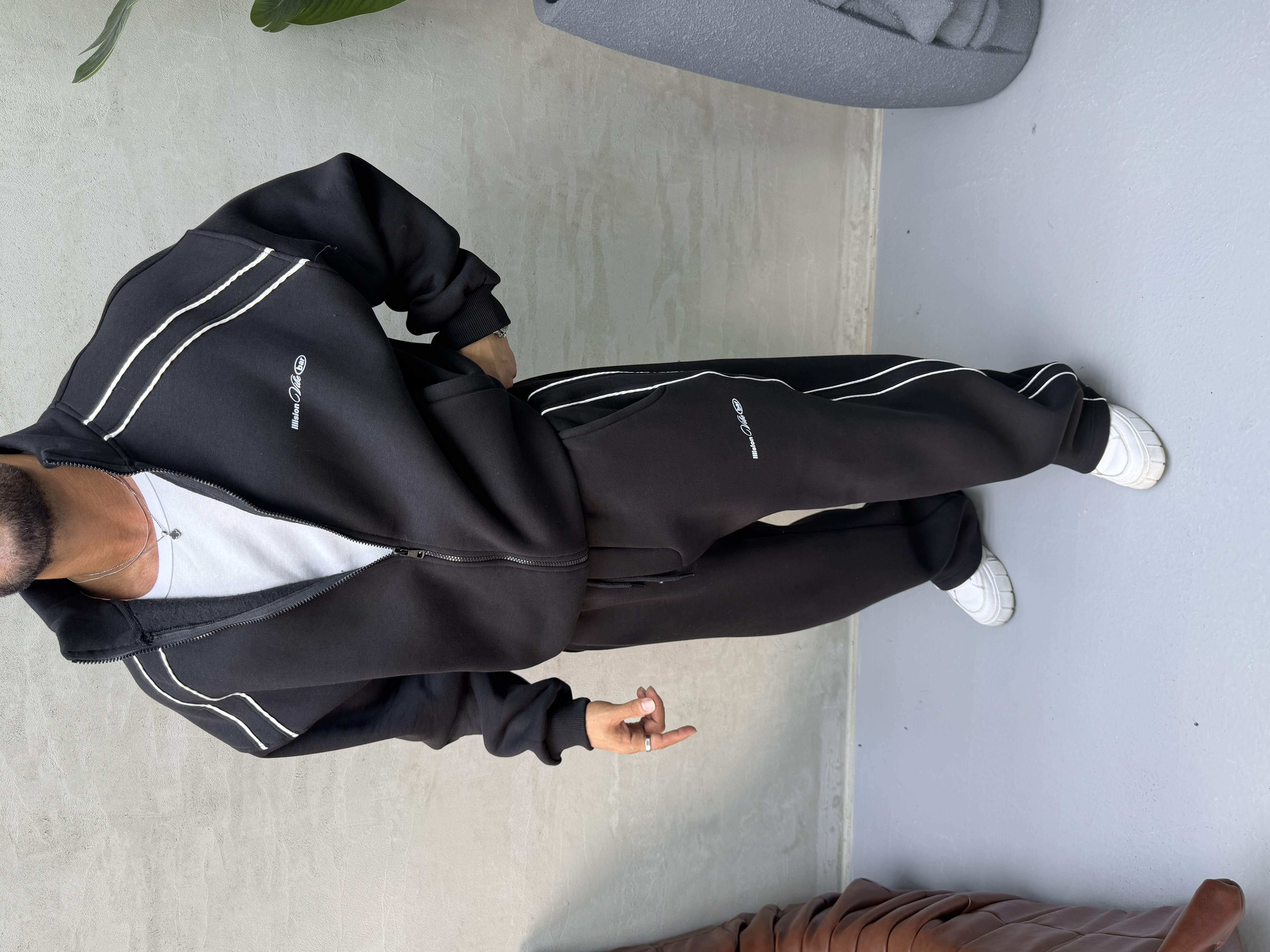 OVERSIZE ÇİFT BİYE DETAYLI EŞOFMAN TAKIMI SİYAH