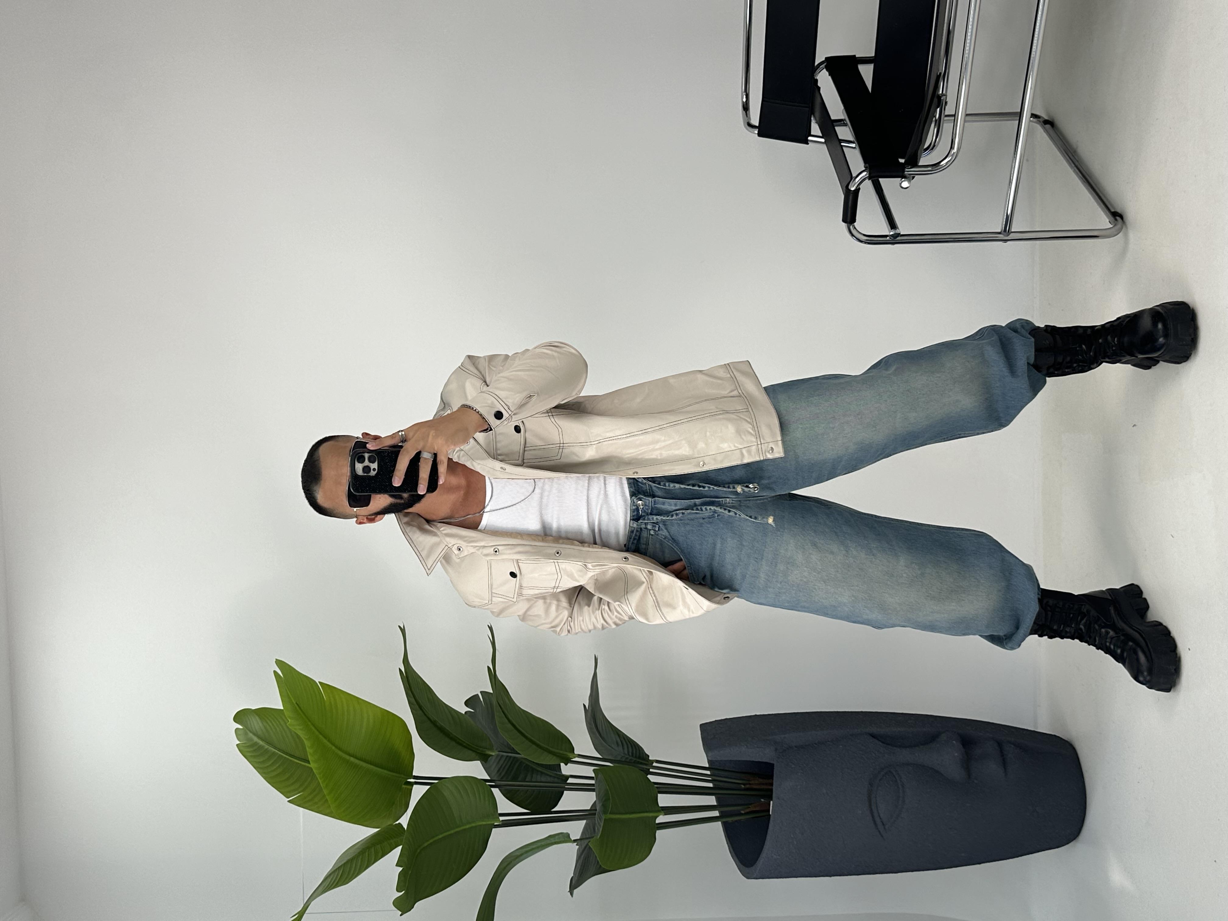 OVERSİZE ÇİFT CEPLİ DERİ GÖMLEK BEJ