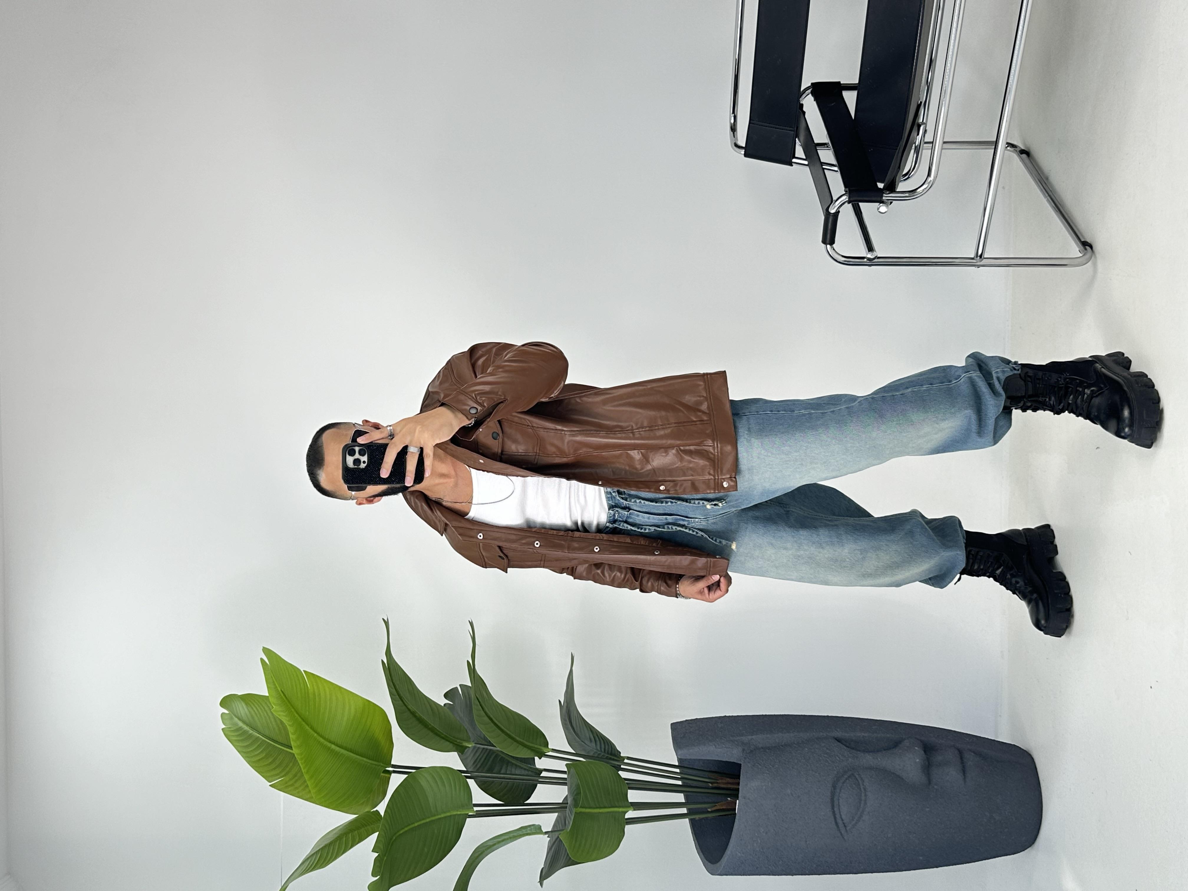 OVERSİZE ÇİFT CEPLİ DERİ GÖMLEK TABA