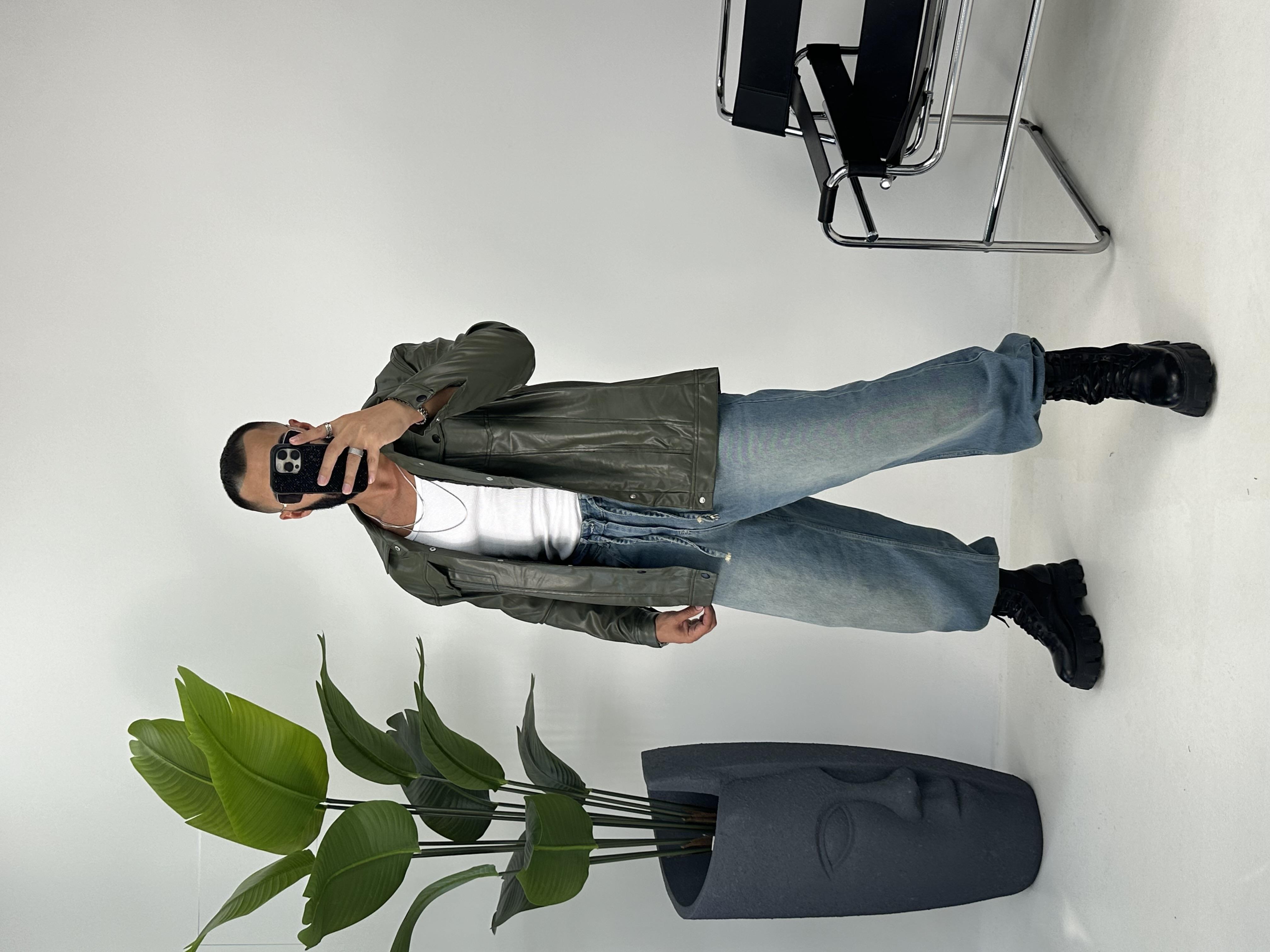 OVERSİZE ÇİFT CEPLİ DERİ GÖMLEK YEŞİL