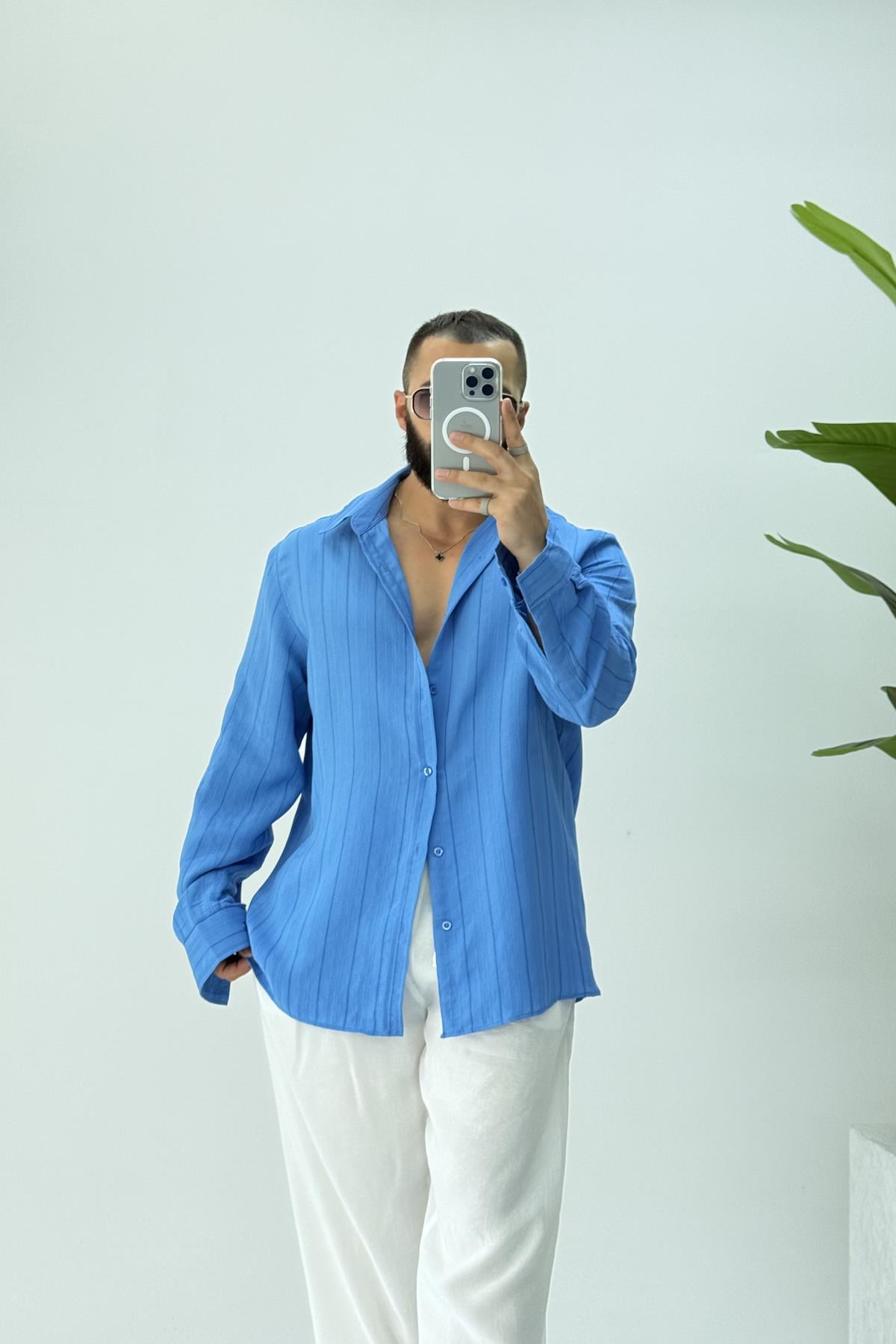 OVERSİZE ÇİZGİ DETAYLI GÖMLEK MAVİ