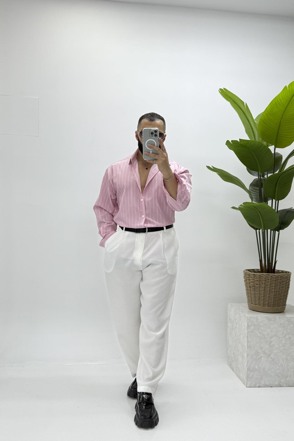 OVERSİZE ÇİZGİLİ GÖMLEK PEMBE