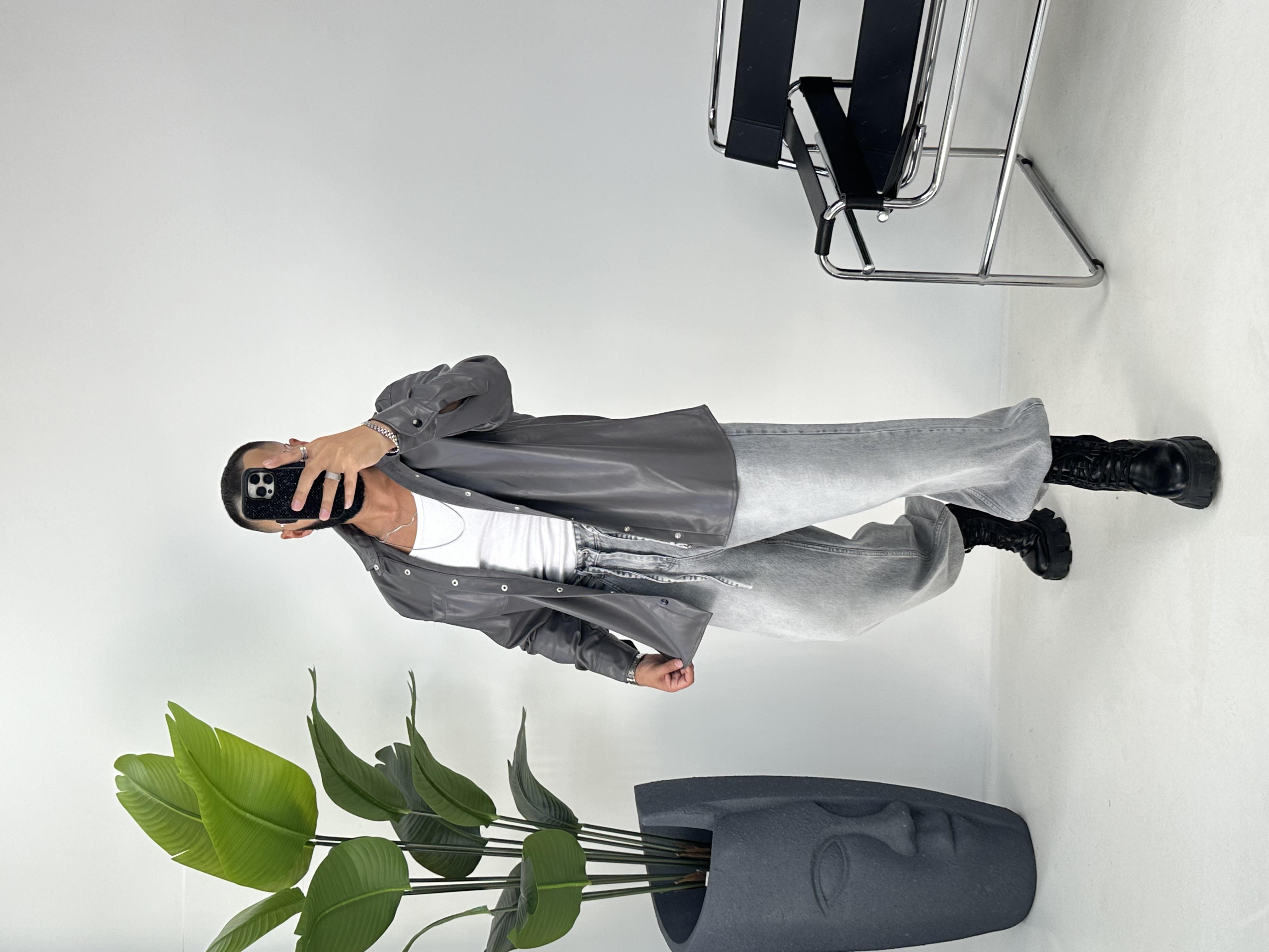 OVERSİZE DERİ GÖMLEK GRİ