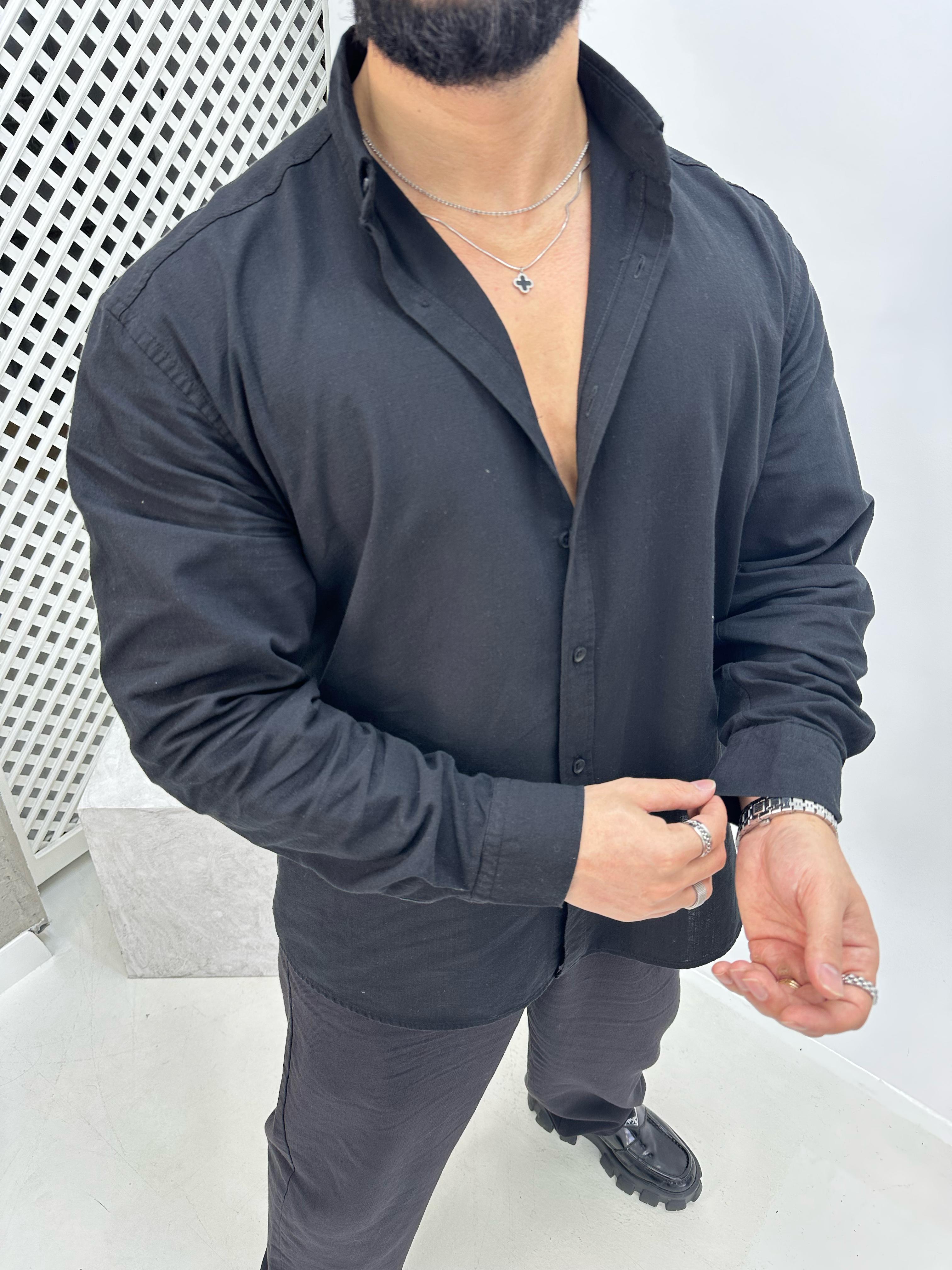 Oversize Fresh Keten Gömlek Siyah