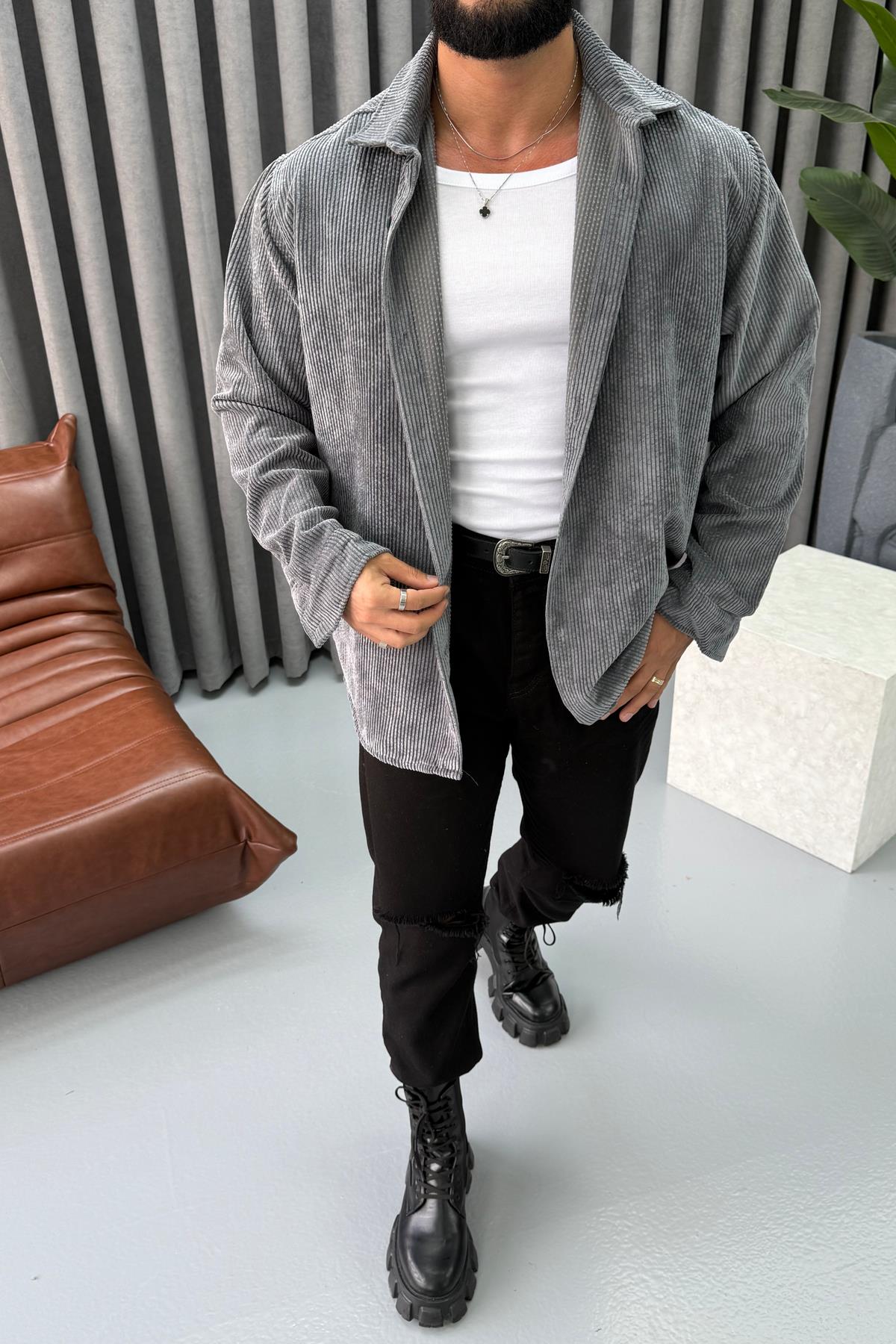 OVERSİZE KADİFE GÖMLEK GRİ