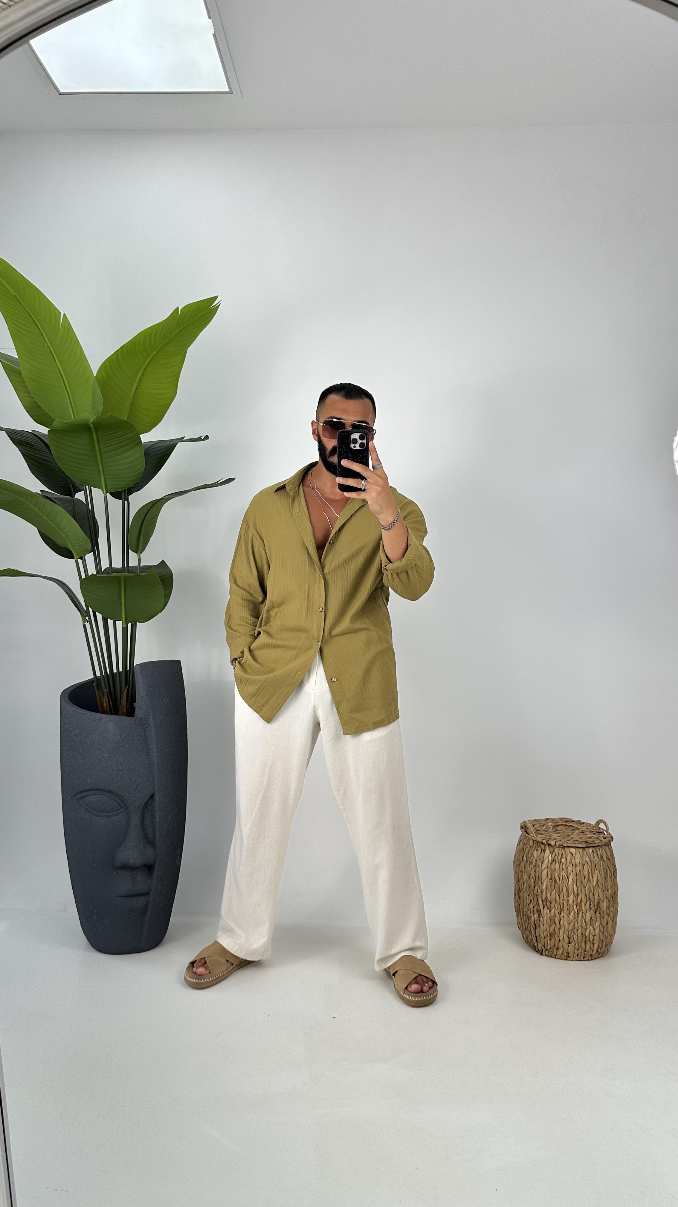 oversize keten gömlek haki yeşil
