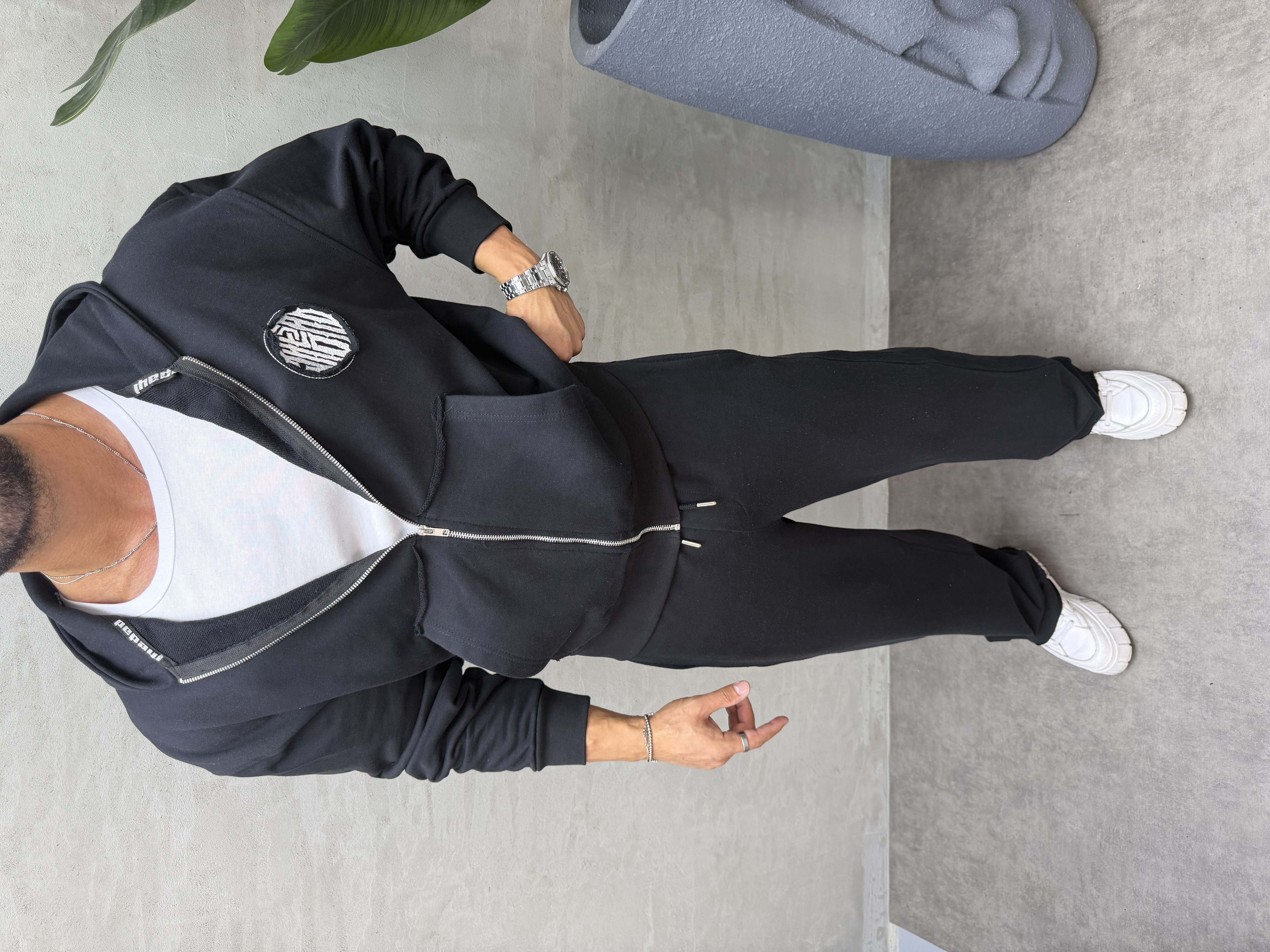 OVERSIZE ÖRME ÜÇ İPLİK KAPÜŞONLU SWEAT SİYAH