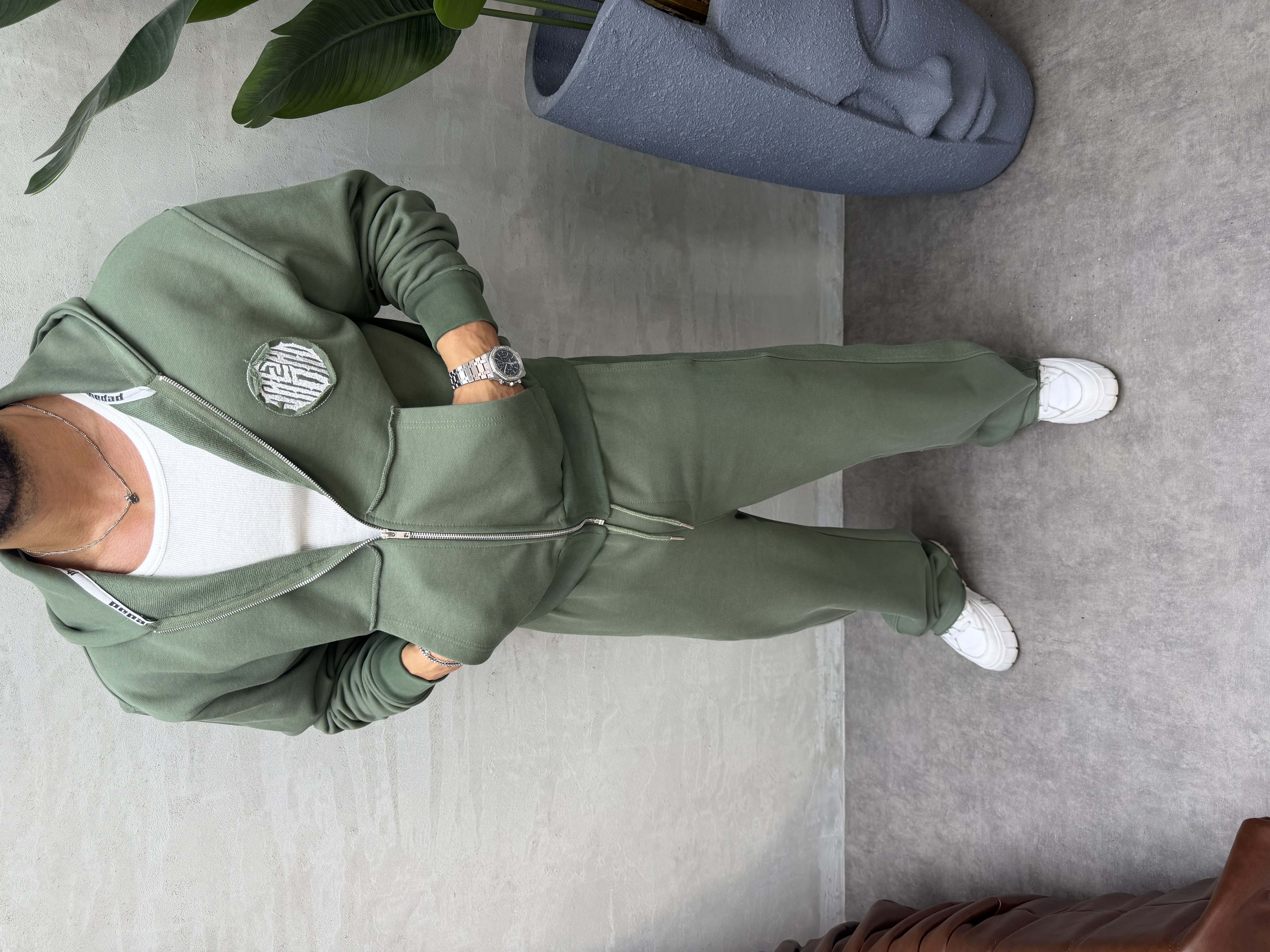 OVERSIZE ÖRME ÜÇ İPLİK KAPÜŞONLU SWEAT HAKİ