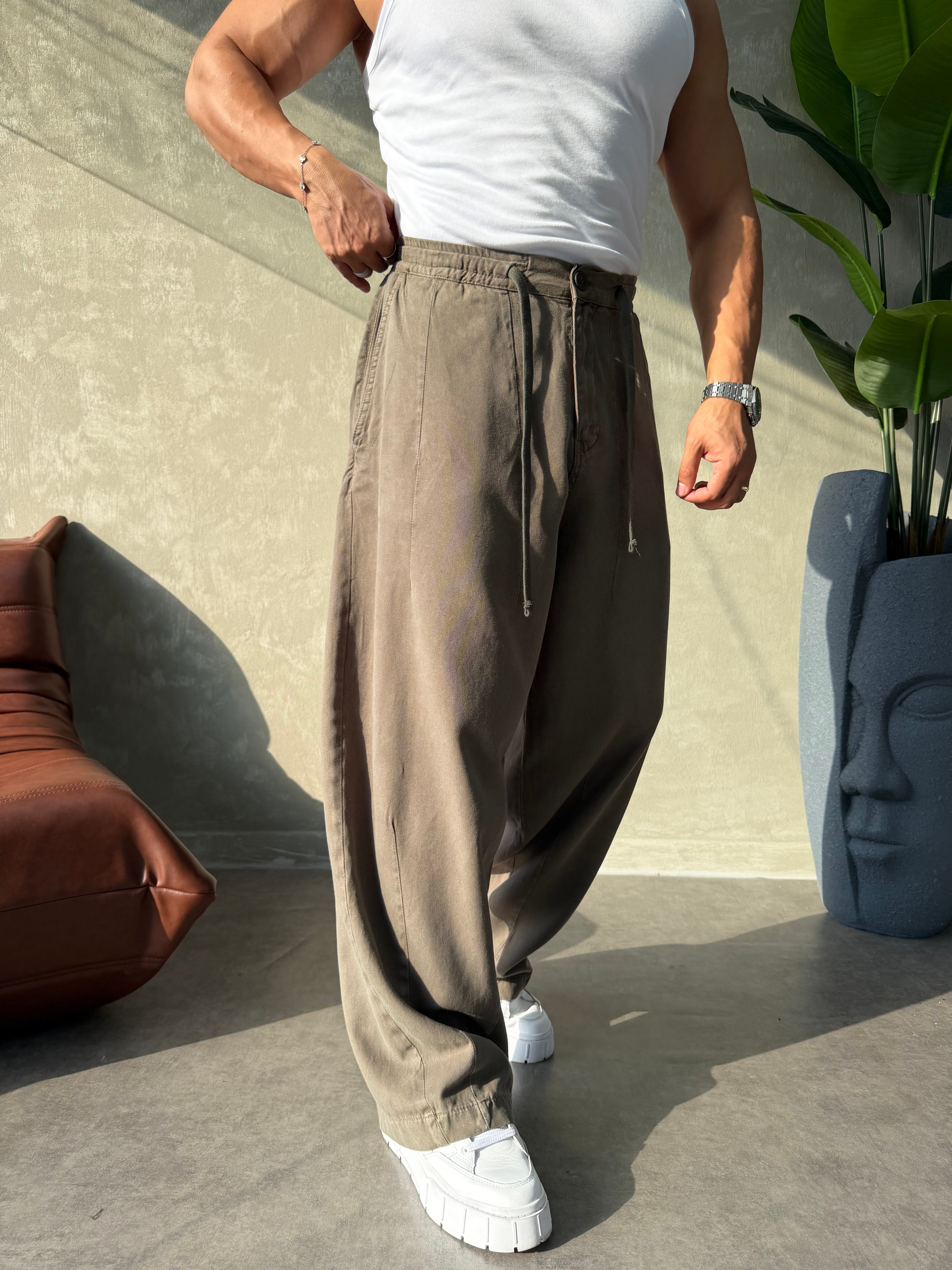 ÖZEL KUMAŞ İP DETAYLI SÜPER BAGYY PANTOLON HAKİ