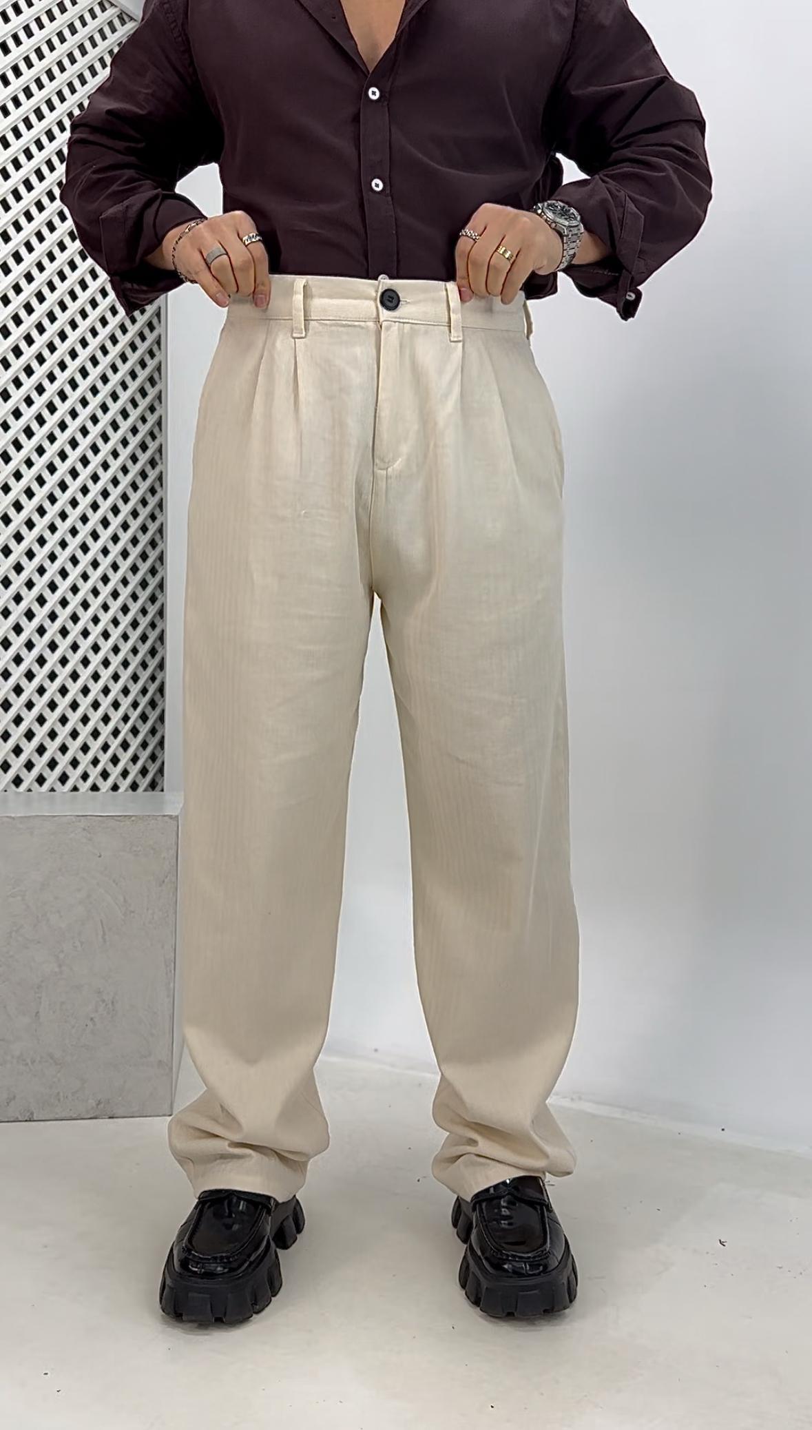 Pileli Keten Baggy Pantolon Krem