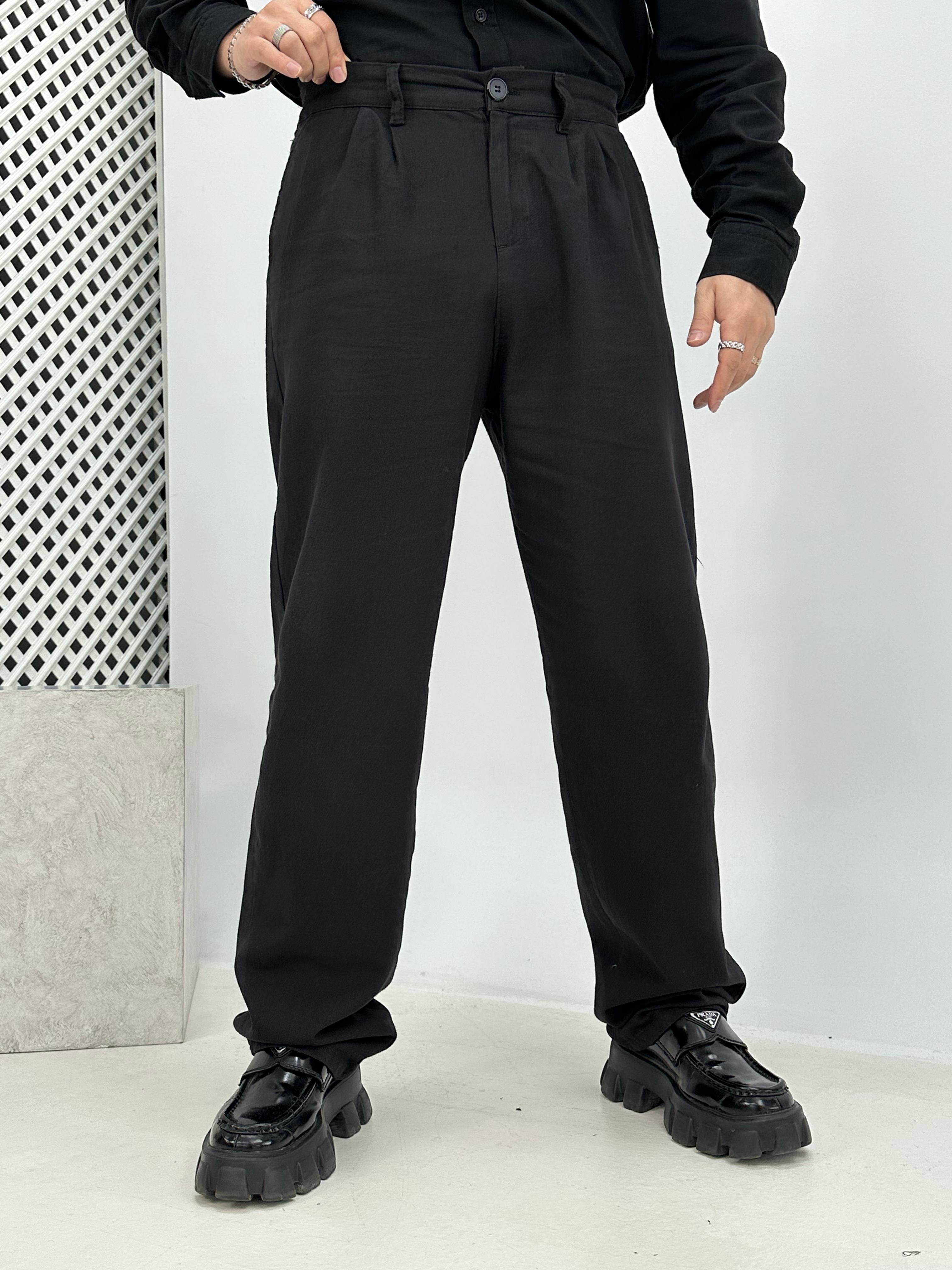Pileli Keten Baggy Pantolon Siyah
