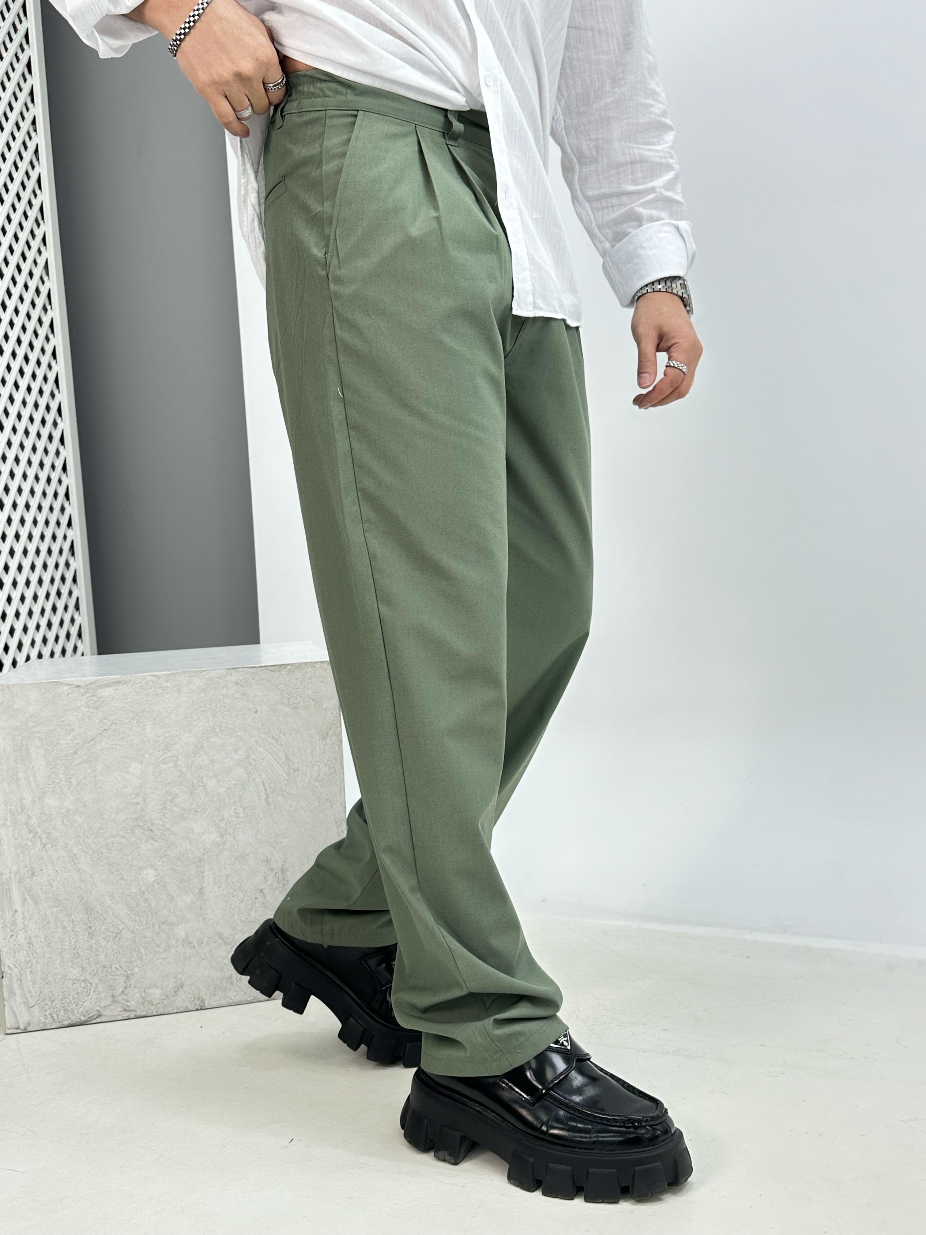 Pileli Keten Baggy Pantolon Yeşil