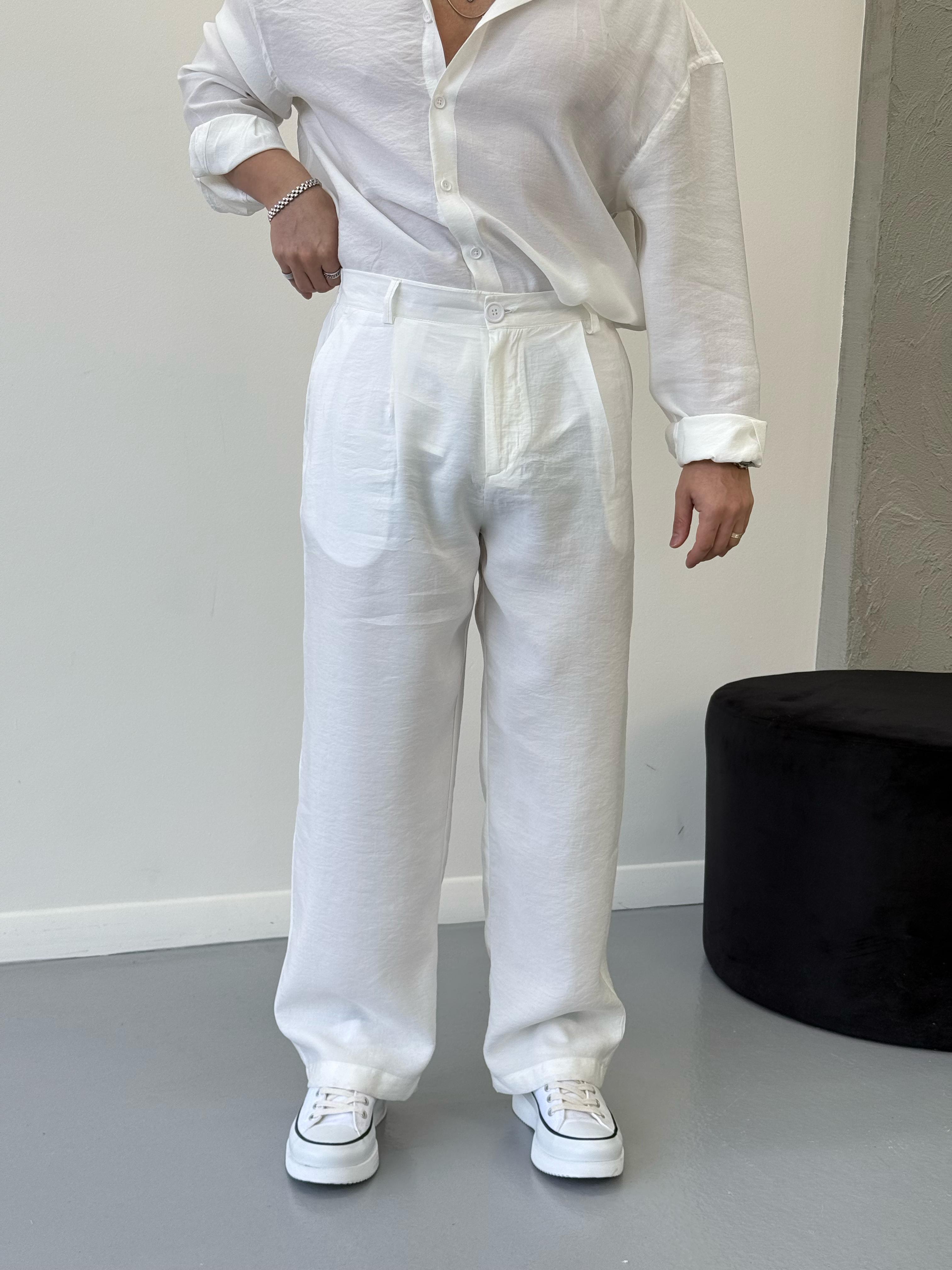 Premium Baggy Modal Kumaş Pantolon Beyaz