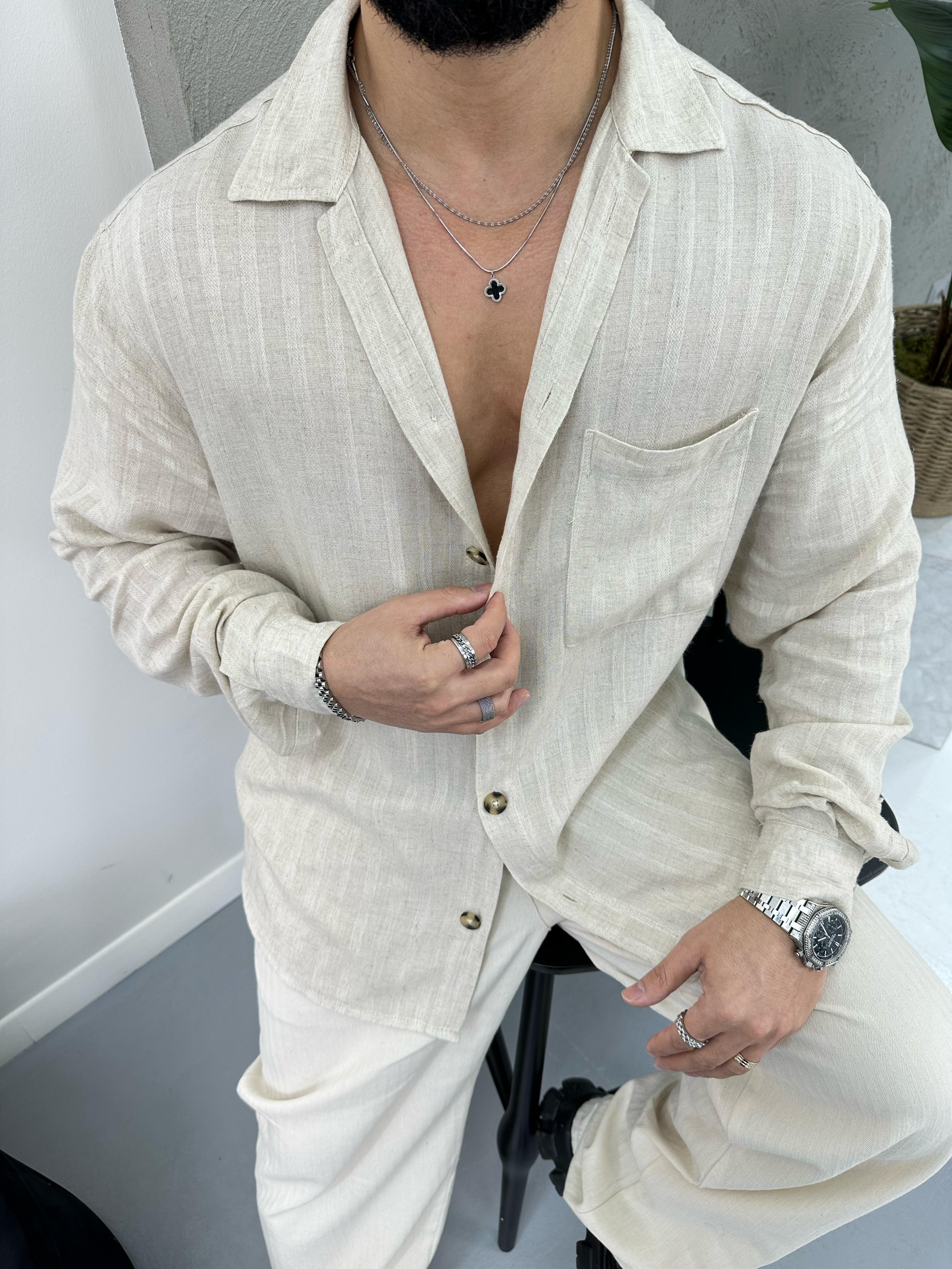 Premium Ham Keten Gömlek Krem