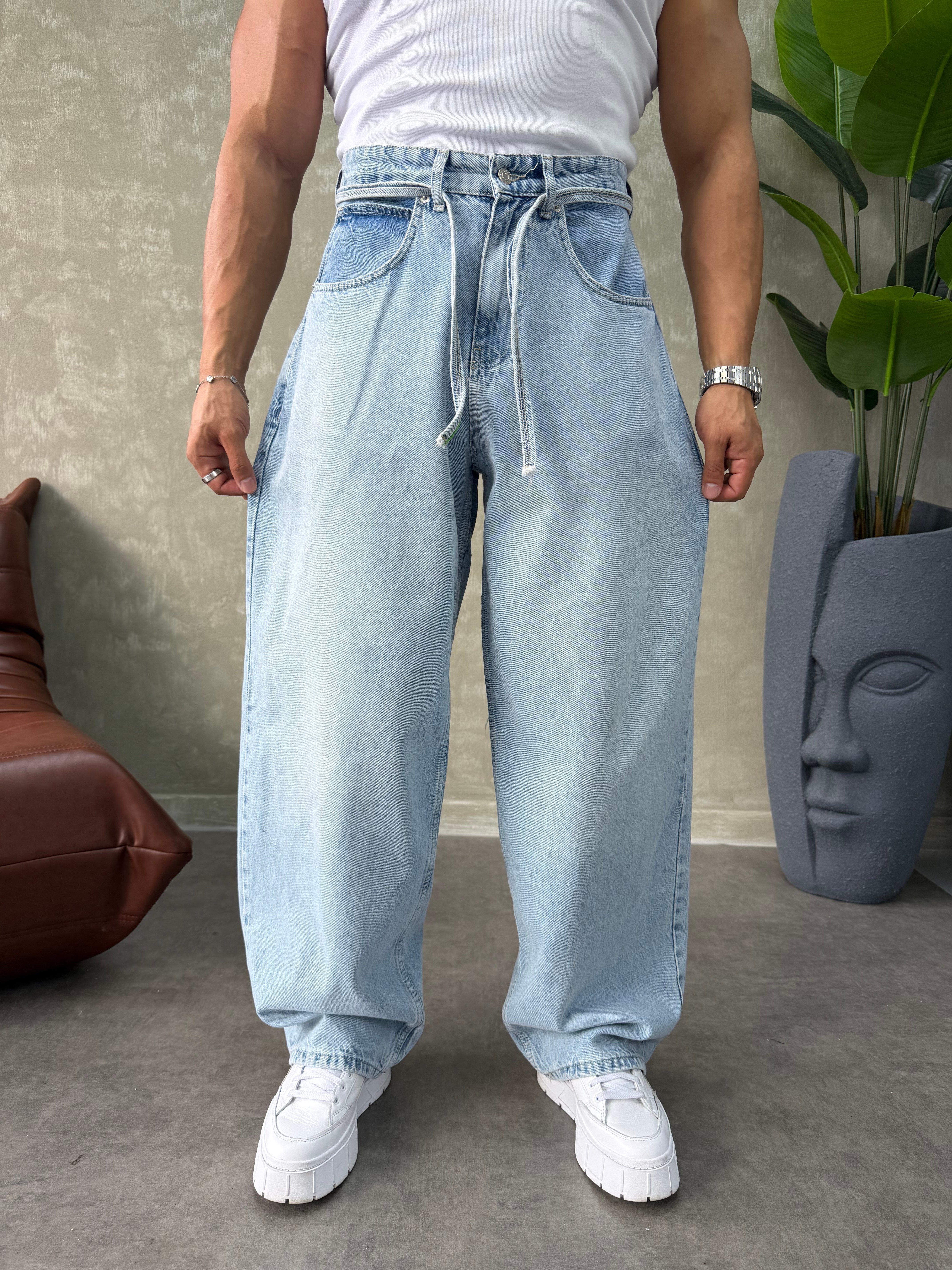 PREMIUM İP DETALI  BALON JEAN BUZ MAVİSİ