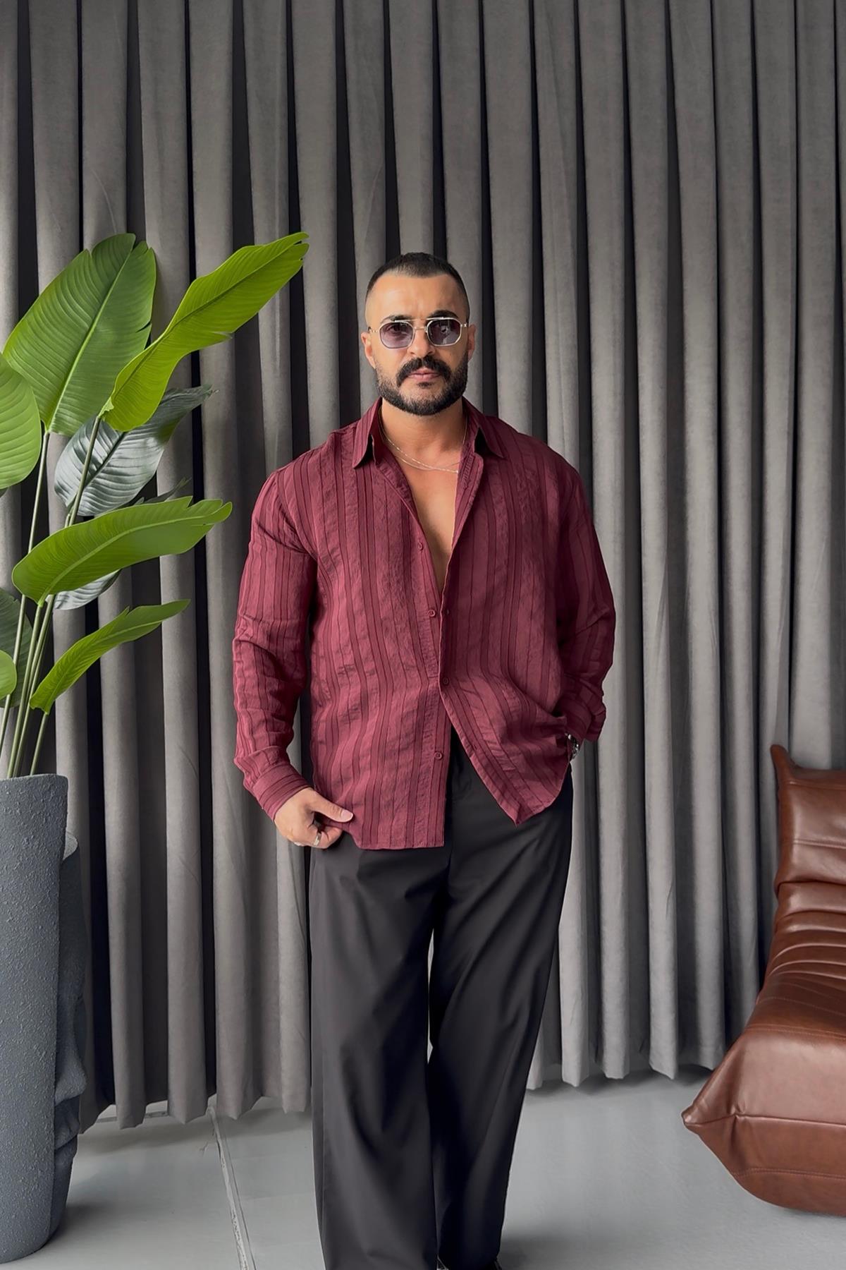 PREMİUM KENDİNDEN DESENLİ OVERSİZE GÖMLEK BORDO