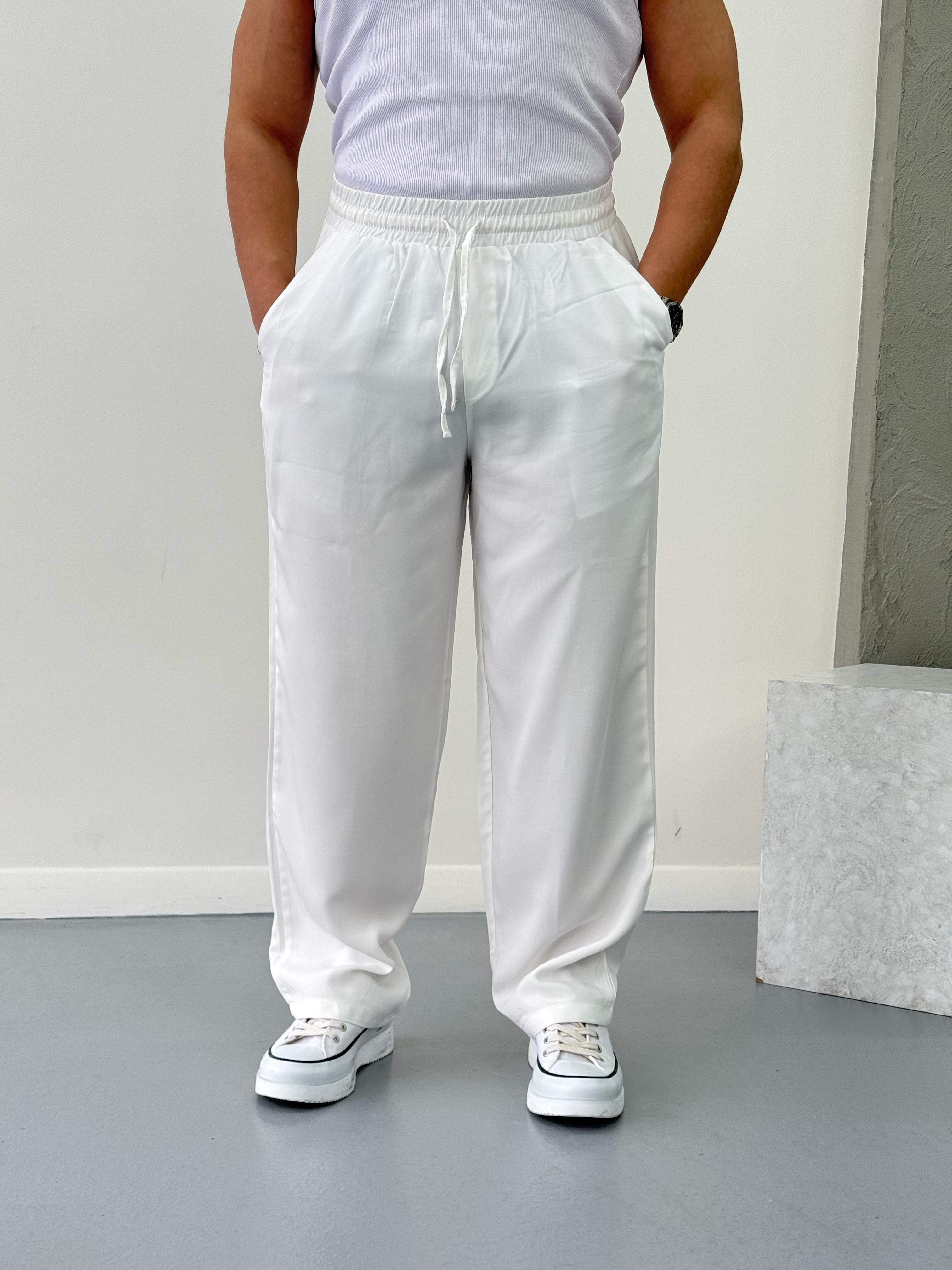 Premium Kumaş Baggy Pantolon Beyaz