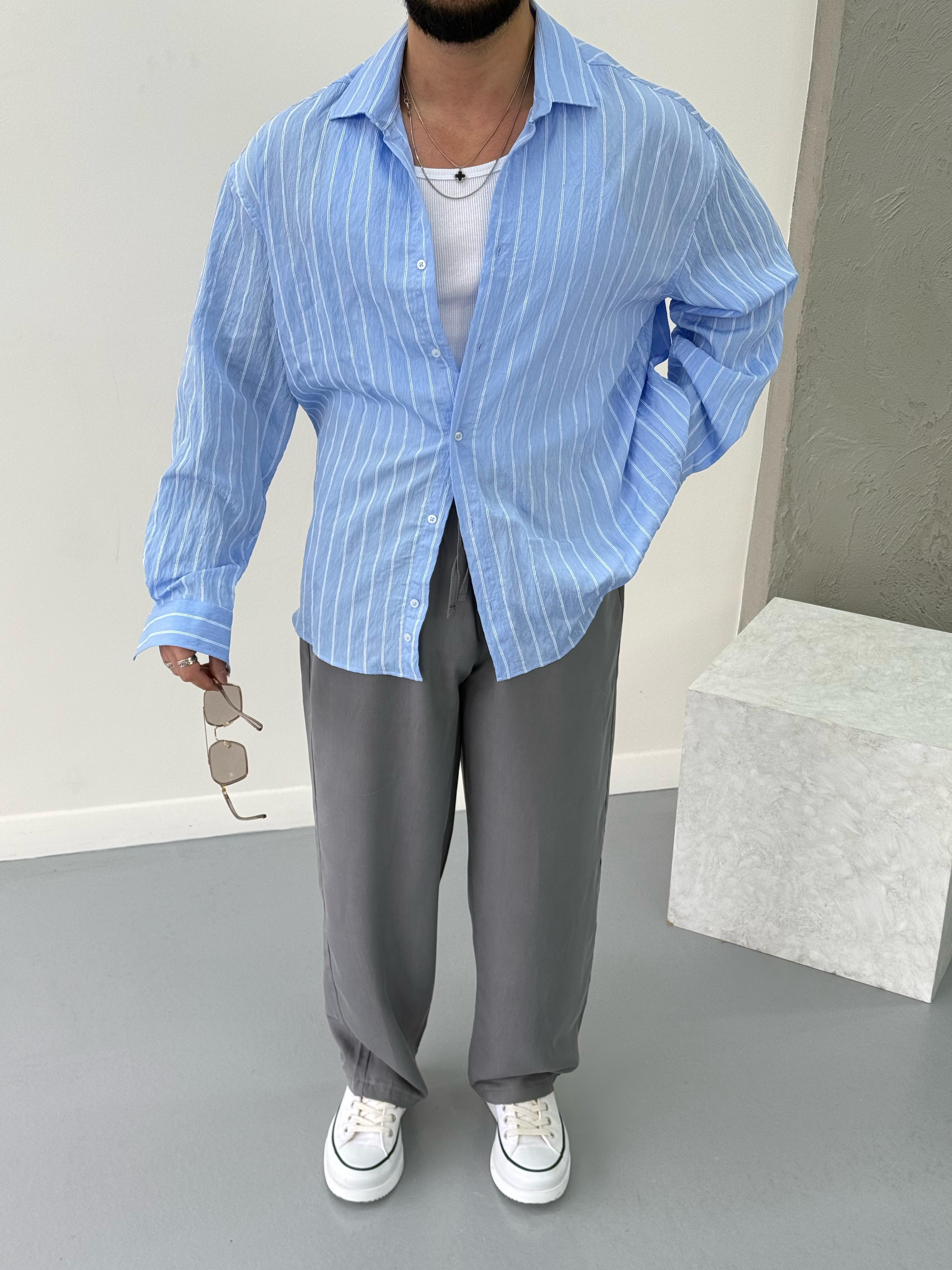 Premium Oversize Çizgili Gömlek Bebe Mavisi