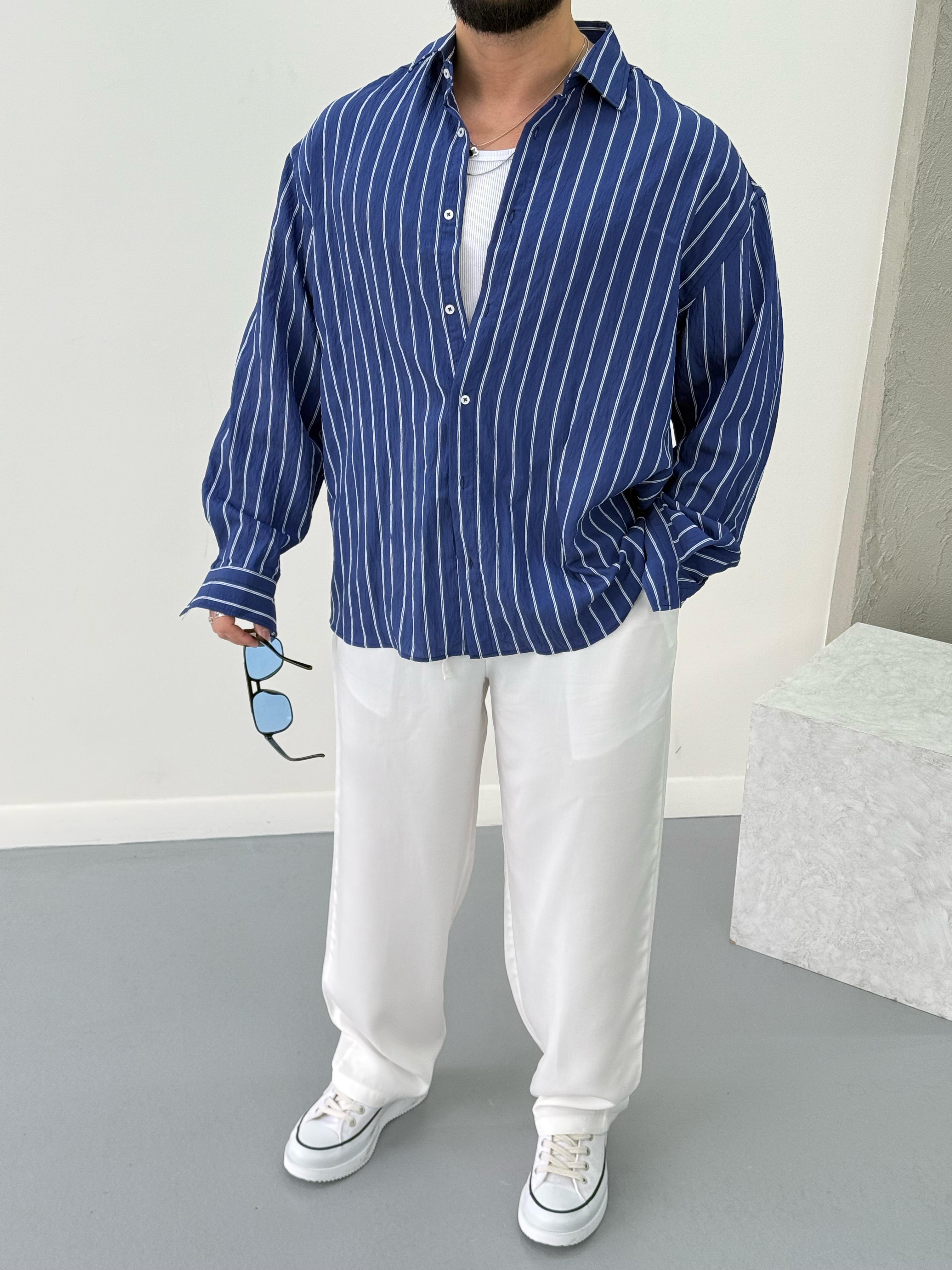 Premium Oversize Çizgili Gömlek Lacivert