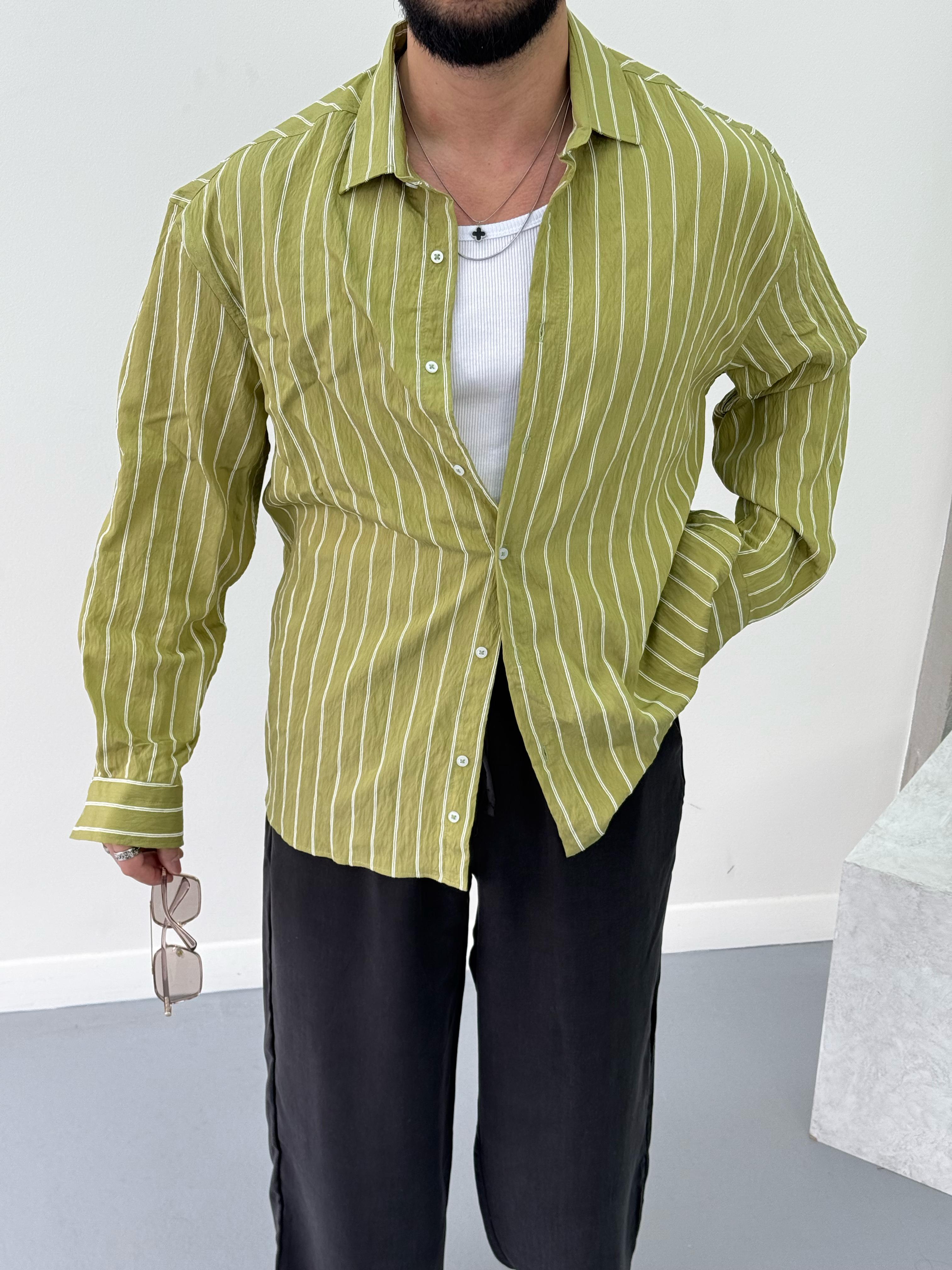 Premium Oversize Çizgili Gömlek Yeşil
